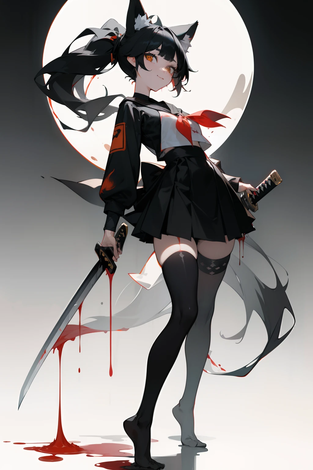 1girll， Erotic face， ssmile， Black color hair，fox ear， Black over-the-knee stockings，A katana hangs from his waist，Princess cut hairstyle，The color is bright，Low ponytail，pony tails，standing on your feet，Bigchest，blood splattere，Paint splashes，，Standing painting，Original art design，a sailor suit