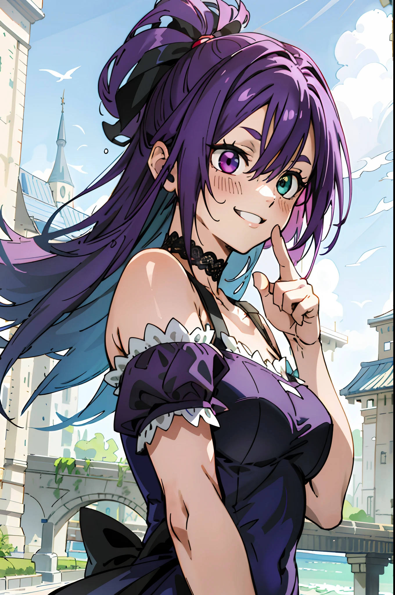 masutepiece, Best Quality, Ultra-detailed, Off-the-shoulder clothing, Colorful,Up-close, Hyper-detailing,purple color hair, , Ultra-realistic hair quality, Vibrant colors, Beautiful long hair, shoulder-length hair, Shiny hair, detailed hairs, Hair Ribbon, Single-sided up, bow ribbon, Reo Mikage, Blue Lock, no sleeves, Sleeveless, Open shoulders, Cinderella, Panniers and Cinderella, Cinderella Dresses, Lace dress, long-one-piece dress, White tights and leggings, leggins, Lace Tights, Bare legged, Sandals, Brown sandals, gladiator sandals, Chest exposure, Lace underwear, Metamorphosis is exposed, Choker, Black Choker, complete fingers, Five Fingers, Two arms, Two hands, Sexy breasts, Scar, Big breasts, red blush, 1girl in, Solo, Sharp face, Heterochromia, Green eyes, Purple eyes, Bare neck, Happy face, rays of sunshine, Brave Sky, shining sky, scenery of Shanghai, castles, kingdoms, crouching down, Wave and smile