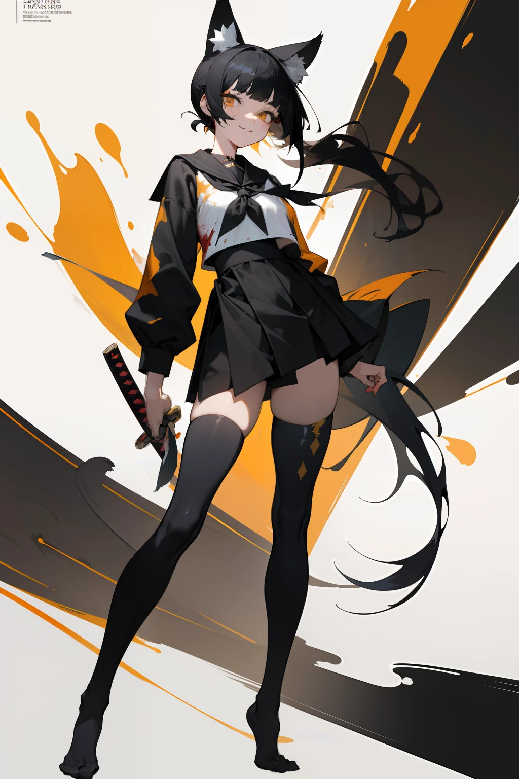 1girll， Erotic face， ssmile， Black color hair，fox ear， Black over-the-knee stockings，A katana hangs from his waist，Princess cut hairstyle，The color is bright，Low ponytail，pony tails，standing on your feet，Bigchest，blood splattere，Paint splashes，，Standing painting，Original art design，a sailor suit