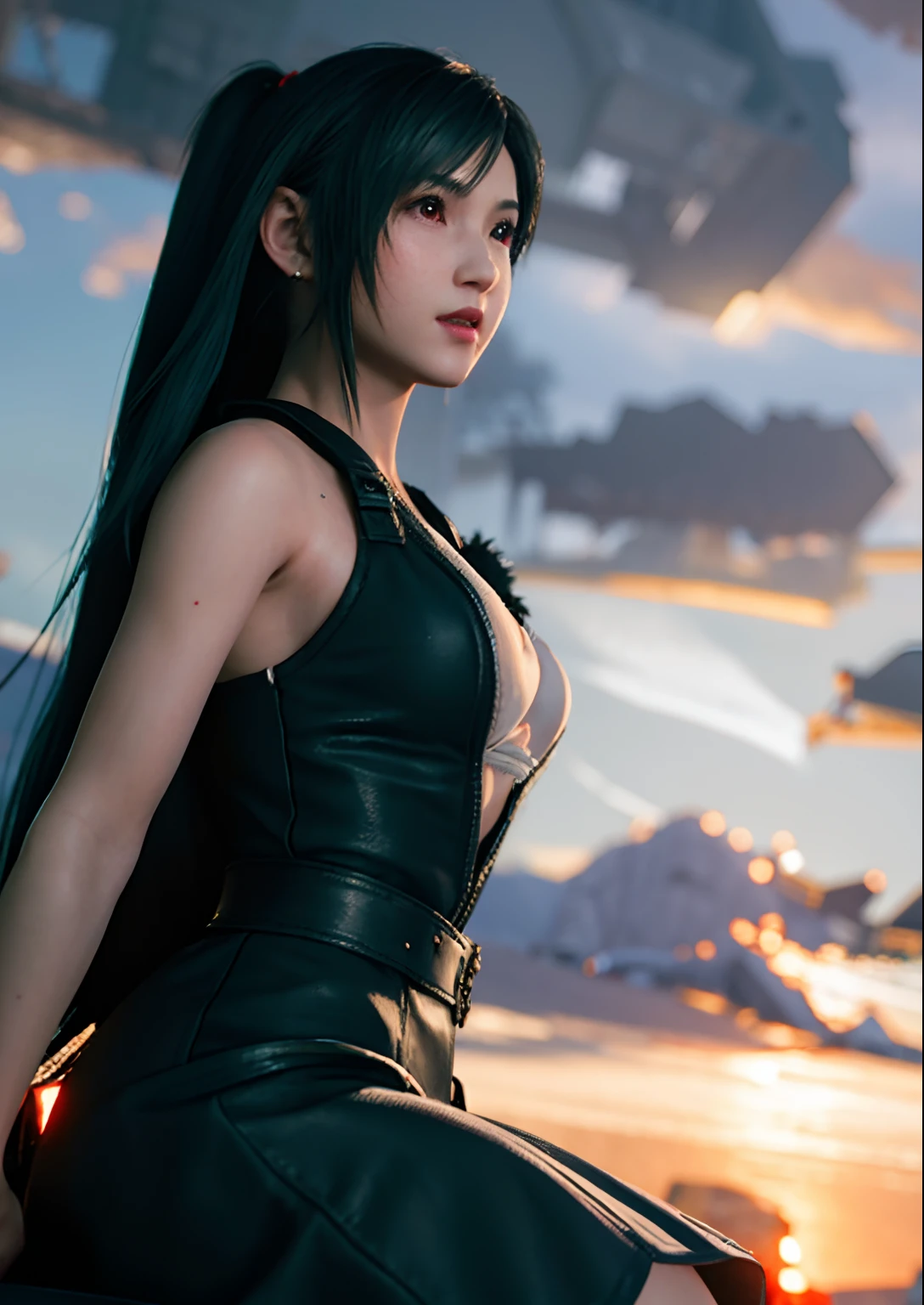 Tifa Lockhart, MKSKS style, (Very detailed background:1.0), (Highly detailed background:1.0), final fantasy vii remake, (Red Eyes), 1girl in, solo, Bare shoulders, aqua dress, Black hair, Green dress, Sleeveless dress , sundress, Duan, Long hair, Night, nigh sky, Open mouth, Outdoors, Ponytail, Sitting, skyporn, Sleeveless, Sleeveless dress, Star (skyporn), Starry sky, Town, aged down, Small breasts, ((white frills)), (White Dress),