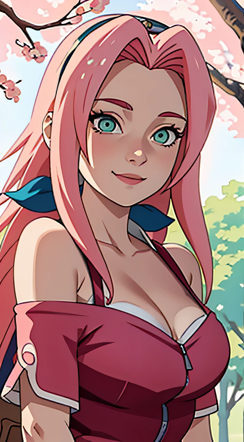 masterpiece, best quality, 1girl, haruno sakura, pink hair, long hair, green eyes, upper body, looking at viewer, smile, solo, forehead mark, upper body, naked, completely naked, pink nipples, bare, large breasts.