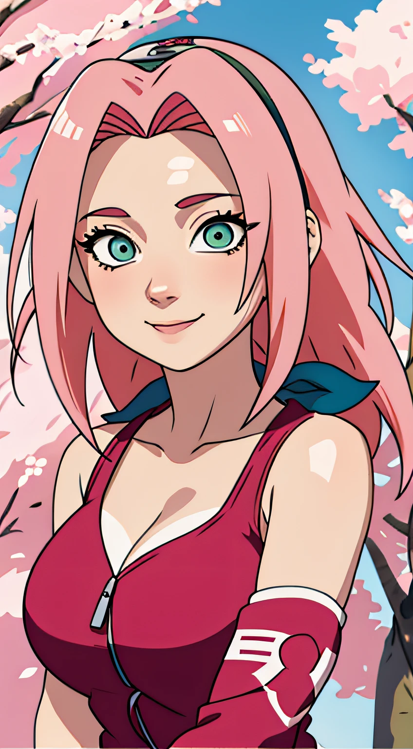 tmasterpiece, Best quality at best, 1girll, Sakura Haruno, Large breasts,Off-the-shoulder attire,(cleavage),(upperbody closeup),Raised sexy,is shy,ssmile,with pink hair, long whitr hair, (Green eyeballs:1.4), Forehead protection, the cherry trees,Cherry blossoms flying, nude, nude breasts,