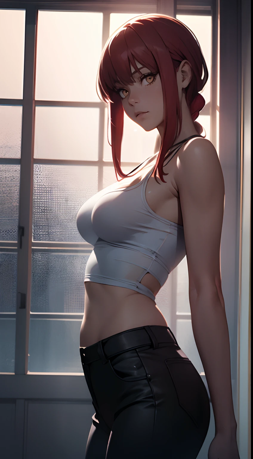 A  girl, sexypose, Nudie, The character Makima from the anime series Chainsaw Man, fragile, makima, Beautiful figure, Skinny black pants, red hair, Orange Eyes, white  shirt, sexypose, Realistic, Very detailed, handsome body, Detailed body, Detailed hands, Detailed, Vibrants, Detailed Face, Makima's character design. Very detailed, Detailed body, Detailed hands, Detailed Face, anime art, extremely detailed CG unity 8k wallpaper, detailed light, Cinematic lighting, chromatic aberration, glittering, expressionless, epic composition, dark in the background, Cherecter Desing, Very detailed, Detailed body, Vibrants, Detailed Face, sharp-focus, anime art, Vibrants, Detailed Face, Hugh Details, sharp-focus, Very drooping face, A detailed eye, super fine illustration, better shadow, finely detail, Beautiful detailed glow, Beautiful detailed, Extremely detailed, expressionless, epic composition, Presented at artstation, Octane Render, artstation hd, Cinematic, 4 thousand., hypermaximalist, elegant