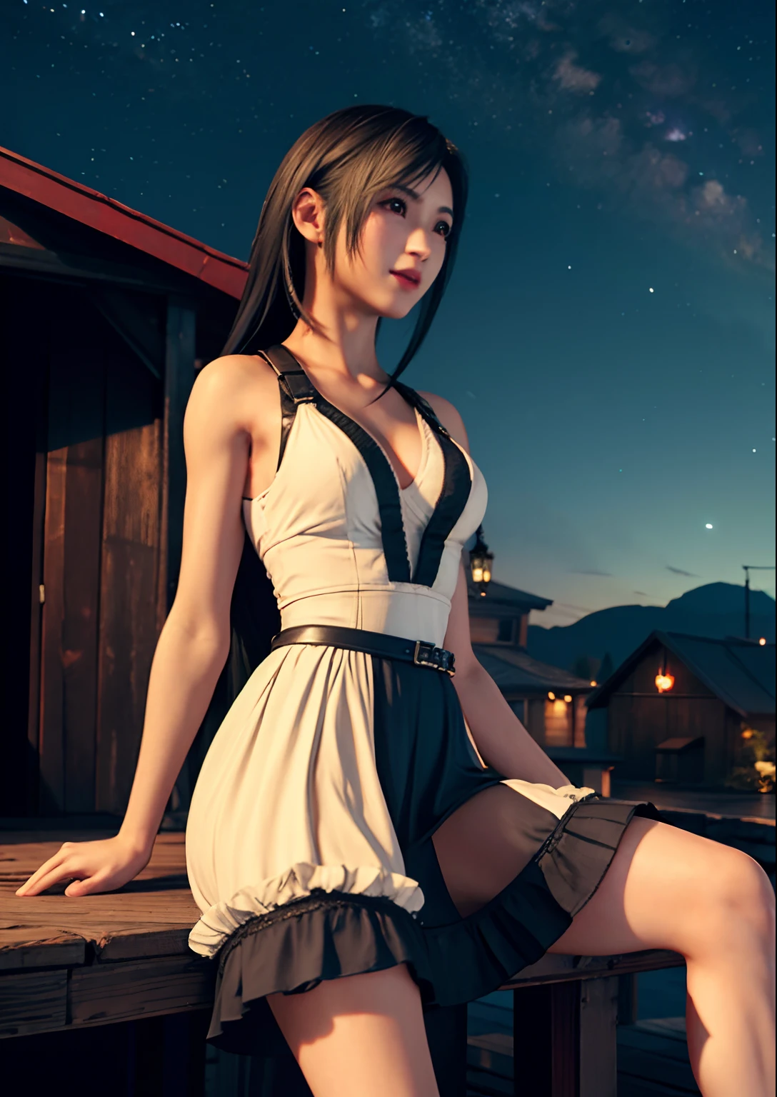 Tifa Lockhart, MKSKS style, (Very detailed background:1.0), (Highly detailed background:1.0), final fantasy vii remake, (Red Eyes), 1girl in, solo, Bare shoulders, aqua dress, Black hair, Green dress, Sleeveless dress , sundress, Duan, Long hair, Night, nigh sky, Open mouth, Outdoors, Ponytail, Sitting, skyporn, Sleeveless, Sleeveless dress, Star (skyporn), Starry sky, Town, aged down, Small breasts, ((white frills)), (White Dress),