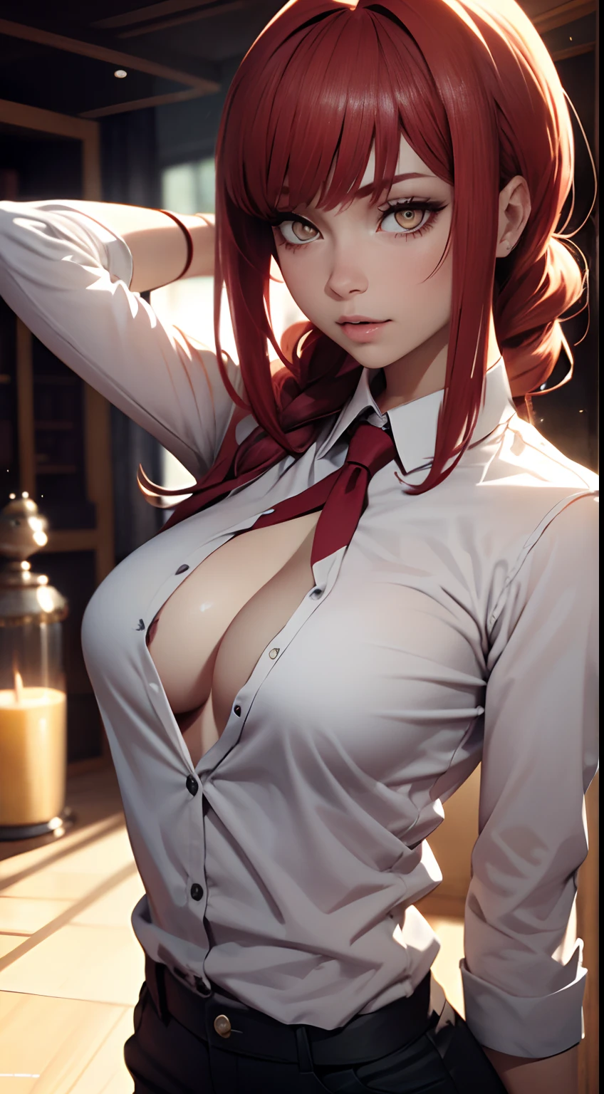 A girl, sexypose, Nudie, The character Makima from the anime series Chainsaw Man, fragile, makima, Beautiful figure, Skinny black pants, red hair, Orange Eyes, white shirt, sexypose, Realistic, Very detailed, handsome body, Detailed body, Detailed hands, Detailed, Vibrants, Detailed Face, Makima's character design. Very detailed, Detailed body, Detailed hands, Detailed Face, anime art, extremely detailed CG unity 8k wallpaper, detailed light, Cinematic lighting, chromatic aberration, glittering, expressionless, epic composition, dark in the background, Cherecter Desing, Very detailed, Detailed body, Vibrants, Detailed Face, sharp-focus, anime art, Vibrants, Detailed Face, Hugh Details, sharp-focus, Very drooping face, A detailed eye, super fine illustration, better shadow, finely detail, Beautiful detailed glow, Beautiful detailed, Extremely detailed, expressionless, epic composition, Presented at artstation, Octane Render, artstation hd, Cinematic, 4 thousand., hypermaximalist, elegant