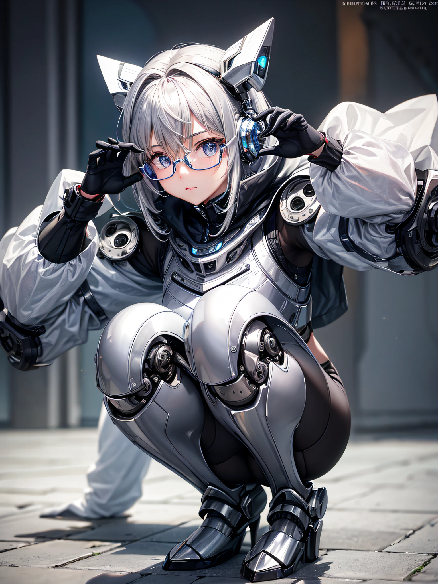 5 8K UHD、Silver metallic body mechanical beauty with glasses is squatting、Silver metallic robot with hidden skin shiny