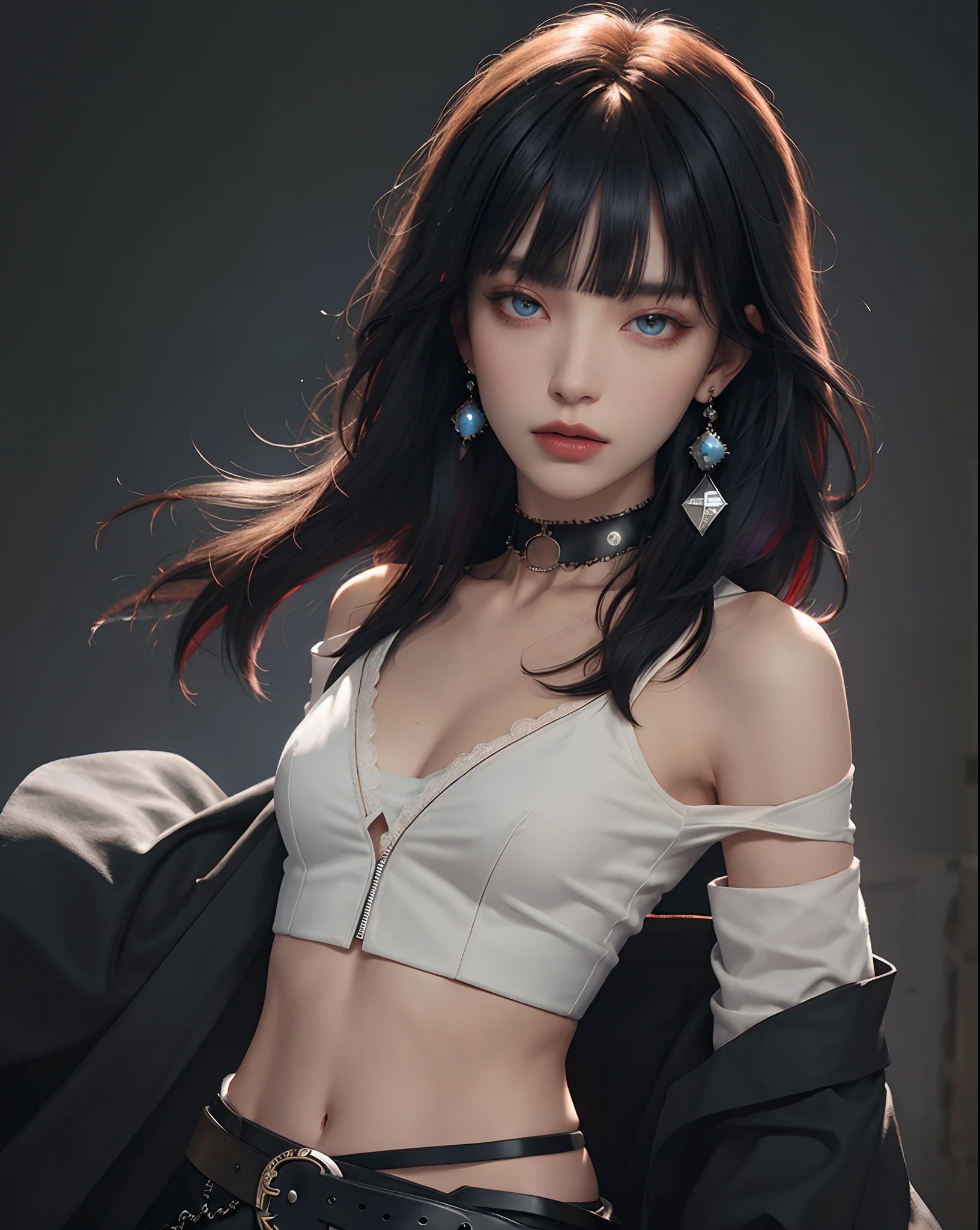 (masterpiece, best quality, 1girl, solo, intricate details, chromatic aberration), (realistic),(skin), ((breath)),(black hair,blunt bangs),detailed hair, red head ornament, blue highlights, hair over one eye,black eyes, small earrings, sharp eyes, choker,((black crop top )),(black skirt),(belt),open waist,(symmetry eyes),(perfect symmetrical body), night,(((natural light))),backlighting,against grey  wall, dim lighting ,look at viewer,((centered shot, from front,(face and waist)))