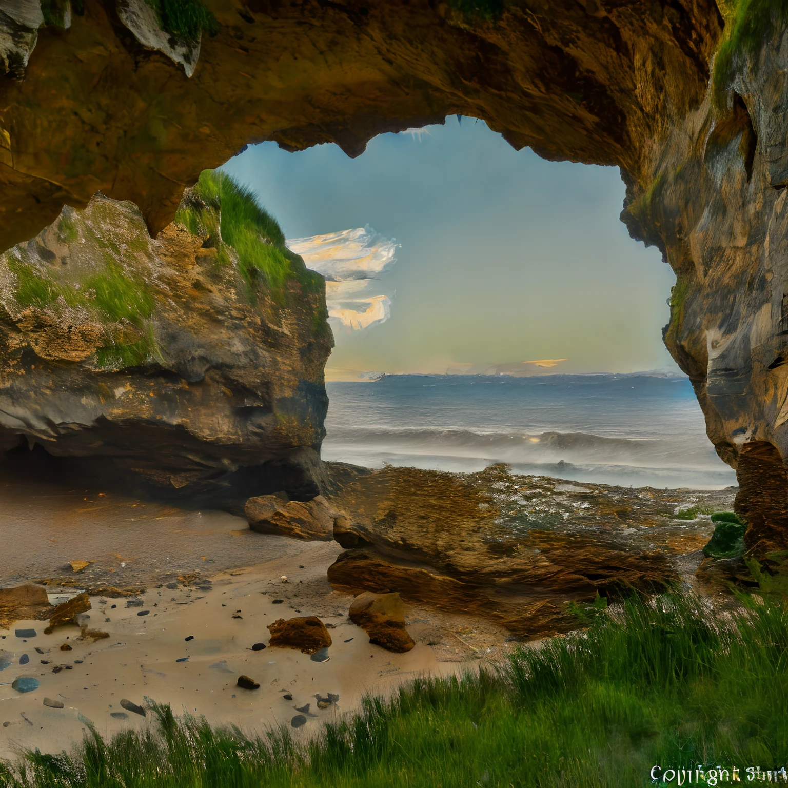 (best quality,highres),rocky,cave,uneven,weathered,rough,arch of erosion,grass-covered arch of erosion,broad view,wide stretch of beach scattered with stones,calm sea surface,vivid blue sky,"2024" written in the lower right corner