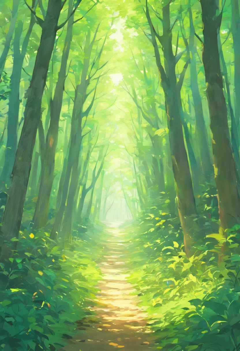 A dense forest with blue sky and white clouds, a winding path leads to the end of the woods, there are many cute little animals and elves playing in the forest, and there is a clear stream next to the meadow. Top view, medium view, close up, consistent picture, animated cute style