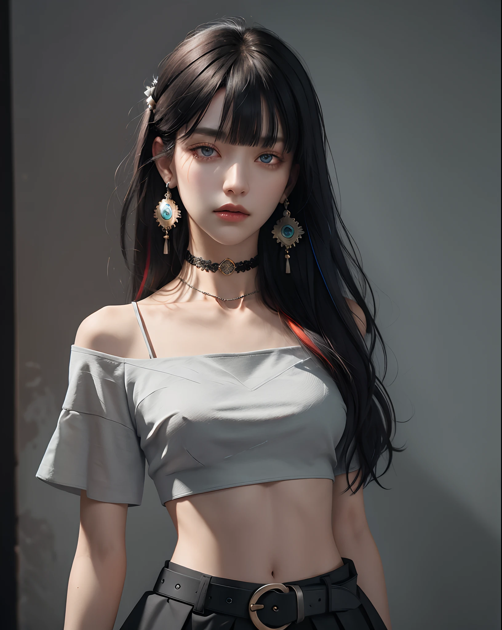 (masterpiece, best quality, 1girl, solo, intricate details, chromatic aberration), (realistic),(skin), ((breath)),(black hair,blunt bangs),detailed hair, red head ornament, blue highlights, hair over one eye,black eyes, small earrings, sharp eyes, choker,((black crop top )),(black skirt),(belt),open waist,(symmetry eyes),(perfect symmetrical body), night,(((natural light))),backlighting,against grey wall, dim lighting ,look at viewer,((centered shot, from front,(face and waist)))