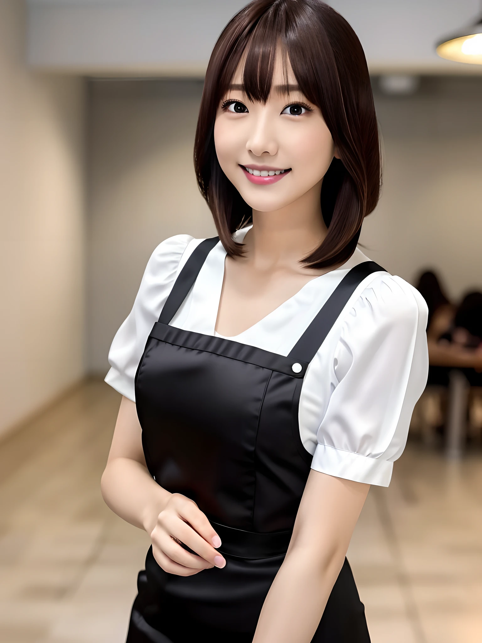 masutepiece, 1 girl per 1 photo, upperbody shot, front-facing view, a Japanese young pretty woman, Wearing a cute maid costume in short-sleeved satin silky black、With a big smile in the café, Apron with white ruffles, a black choker, Glamorous figure, hyper cute face, Glossy lips, Sweaty body, Double eyelids in both eyes, Natural makeup, long eyelashes, shiny smooth light brown hair of a long bob hair, asymmetrical bangs, Tanned skin, central image, 8K resolution, high detailing, detailed hairstyle, Detailed face, spectacular movie lighting, Octane Rendering, Vibrant, Hyper realistic, Perfect limbs, Perfect Anatomy,disproportionate-breasted,