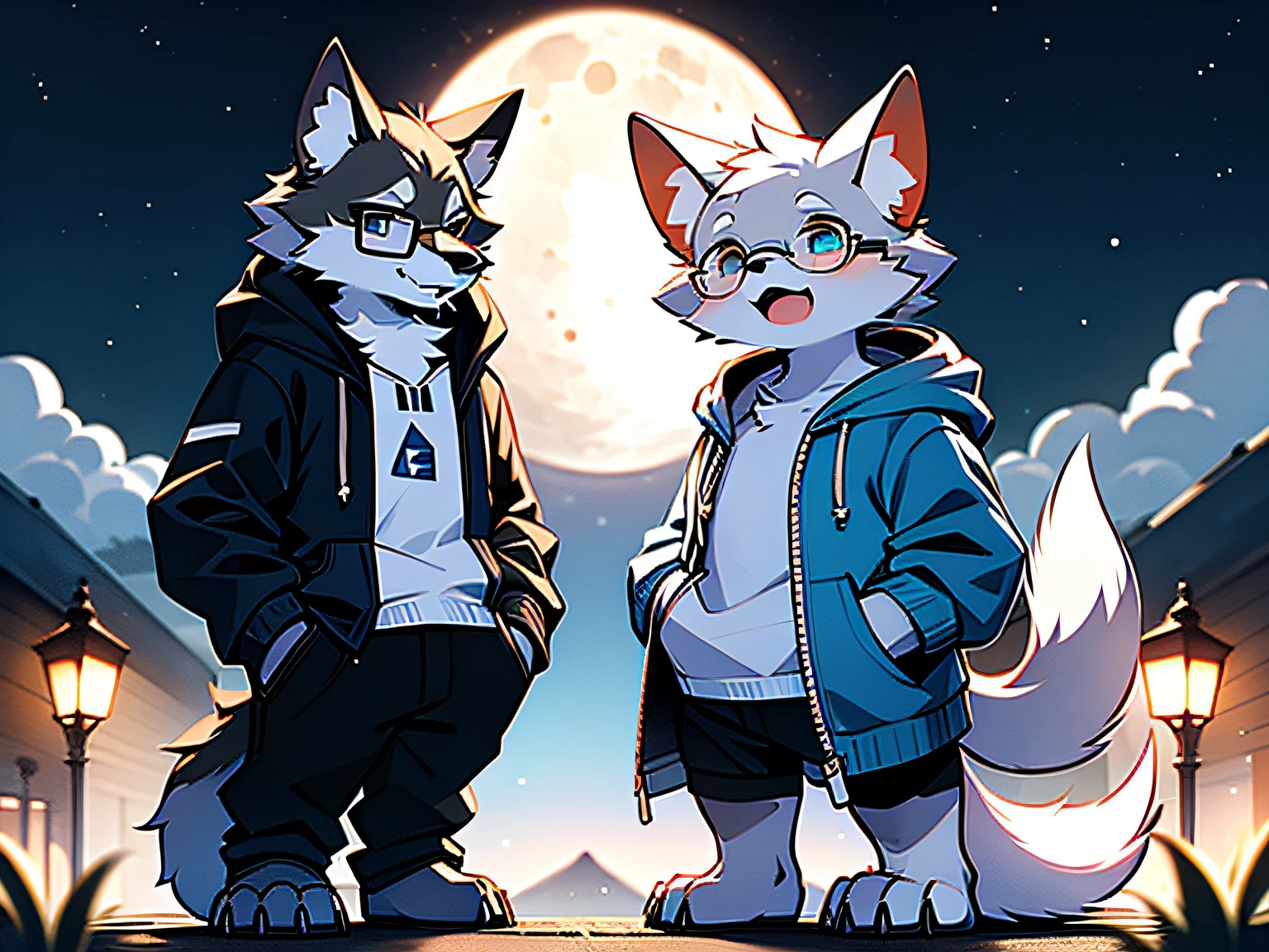 single person, wolf orc, spotless, male, (adult:1.05), (tall:1.3), dark gray fur on the back, short hair, (detailed square rounded glasses:1.2), wolf ears, light gray ear roots, light red ear tips, concave right ear, deep blue pupils, furry wolf tail, dark gray tail roots, white tail tips, dark gray big arms, white small arms, four limbs wolf sharp claws, 4 white fingers, 4 white toes, (sky blue hoodie:1.5), black pants, standing, laughing with open mouth, look up to the sky, outdoor, night, dark sky, (distant mountain:1.2), (modern city:1.2), (wide rooftop:1.2), (streetlights:1.05), (dark sky:1.3), (full moon:1.3), close-up, full body, view of left side, best quality, excellent masterpiece, clear lines, background of details, (extremely detailed characters:1.2)