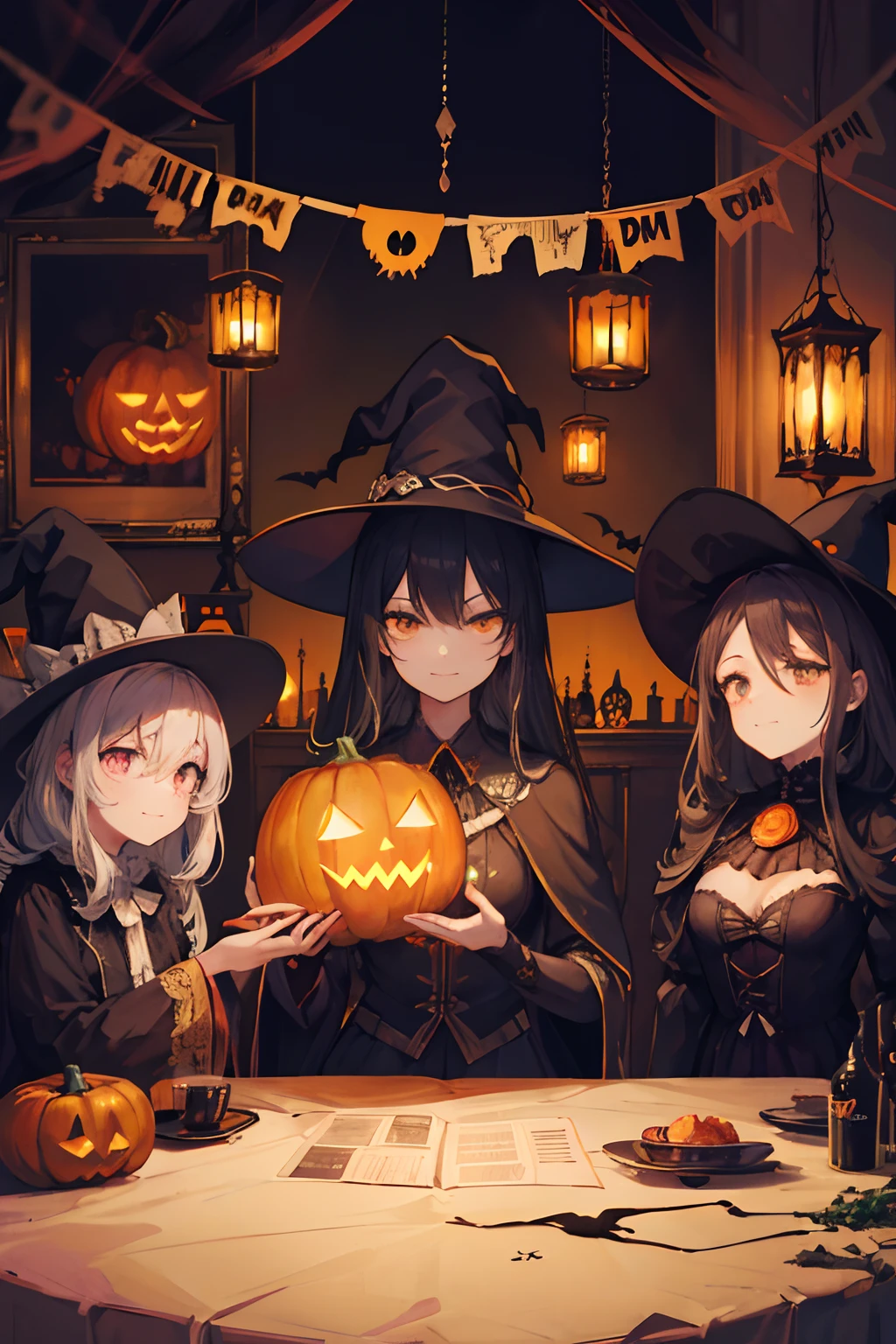 Create an eerily whimsical Halloween illustration where the five ghosts gather around a round table, engaging in a strategic planning meeting. The skeleton, pumpkin-headed ghost, traditional ghost, witch, and black cat are all seated, deep in discussion. They sport mischievous grins, adding to the eerie ambiance. Their surroundings are adorned with Halloween-themed decorations, enhancing the spooky and fantastical atmosphere of the scene.