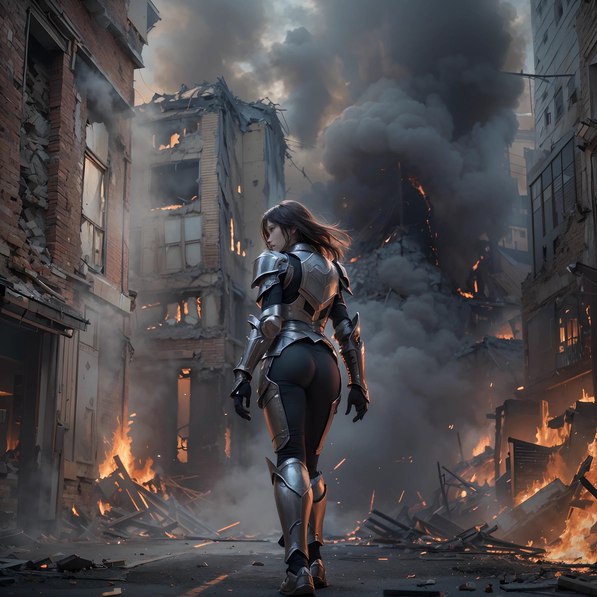 Hero wearing glowing armor fighting black smoke and assimilated monsters The hero is a woman in a building street with fire and smoke rising、The building is collapsing
