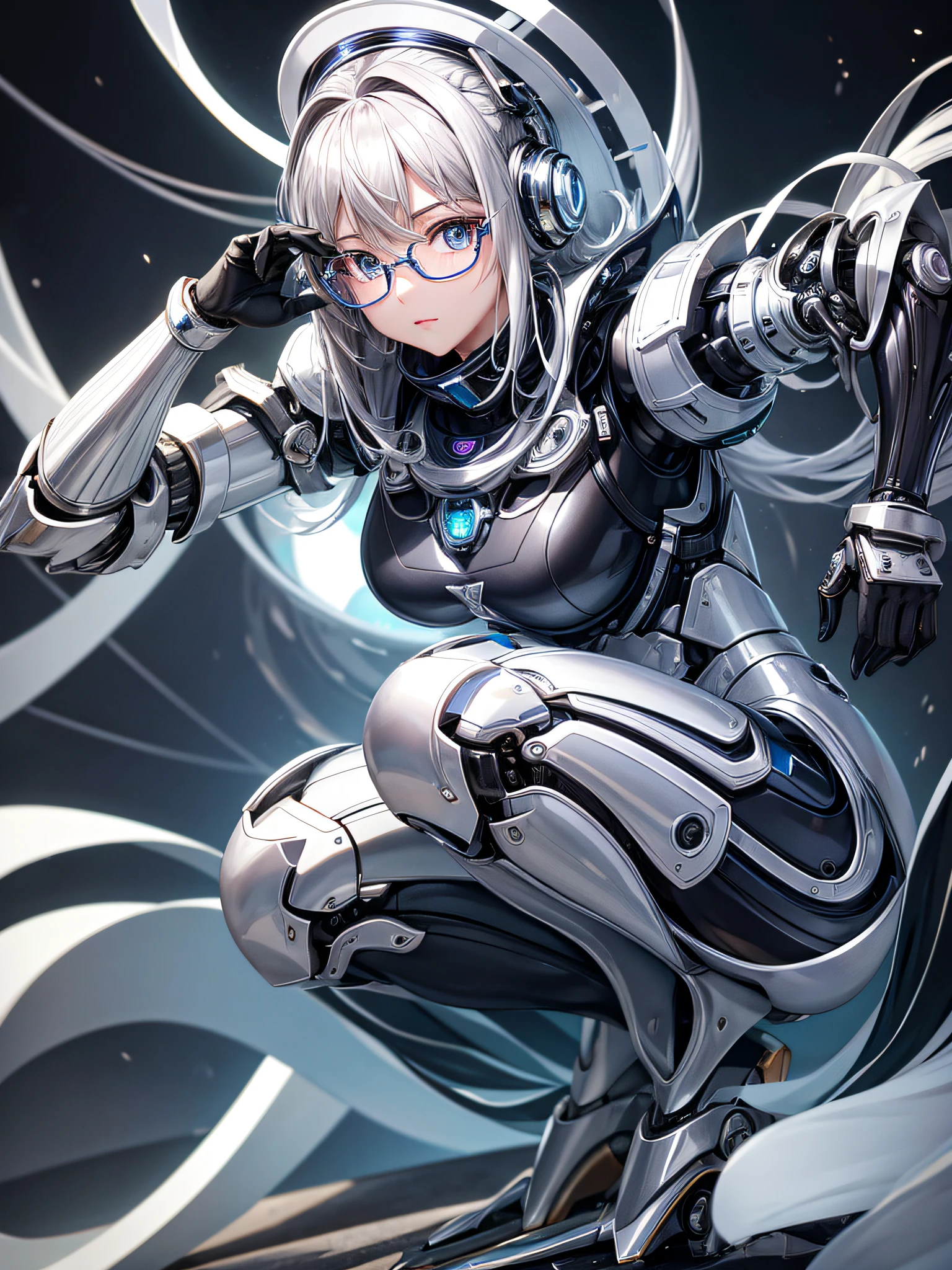 5 8K UHD、Silver metallic body mechanical beauty with glasses is squatting、Silver metallic robot with hidden skin shiny