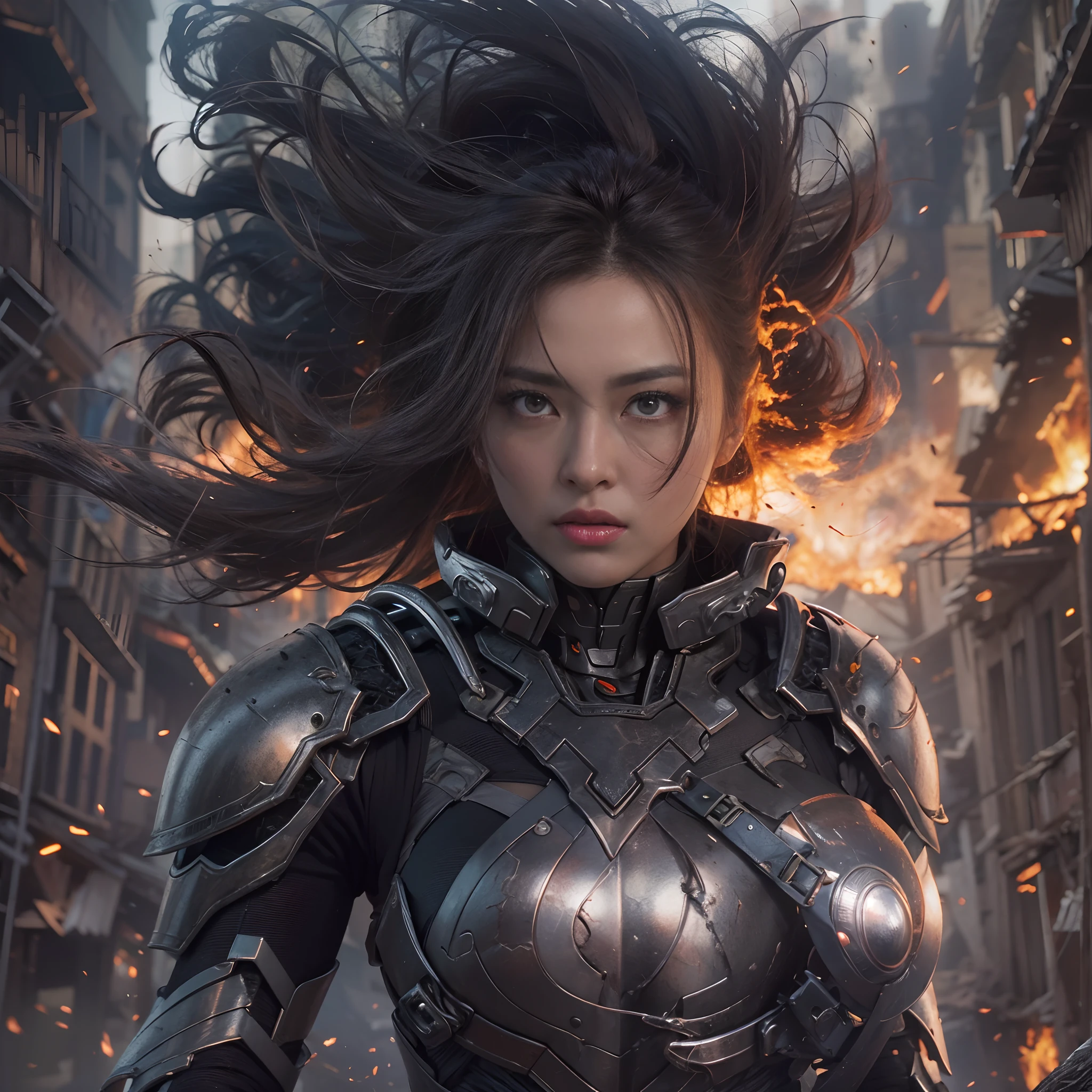 8k, top-quality, （pubic hair beauty）、hight resolution, realisticlying, realperson, A hero wearing glowing armor fighting black smoke and assimilated monsters、The hero is a woman in a building street where fire and smoke rise、The building is collapsing