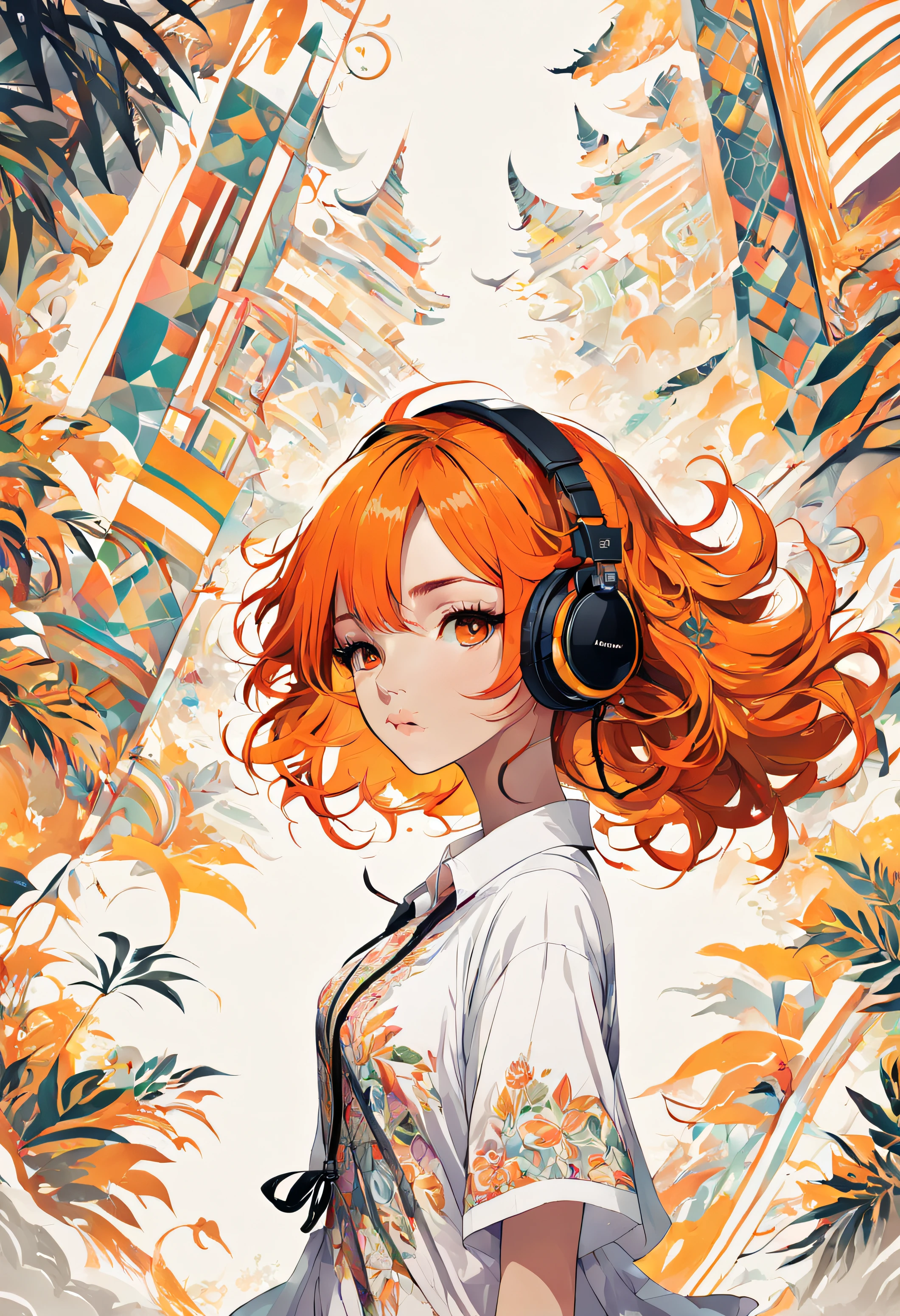 Masterpiece、illustratio、ornate、multicolour、Beautuful Women、breezing、Looking at the camera、white shirt、Complex patterns、Orange hair、headphones、rightward
