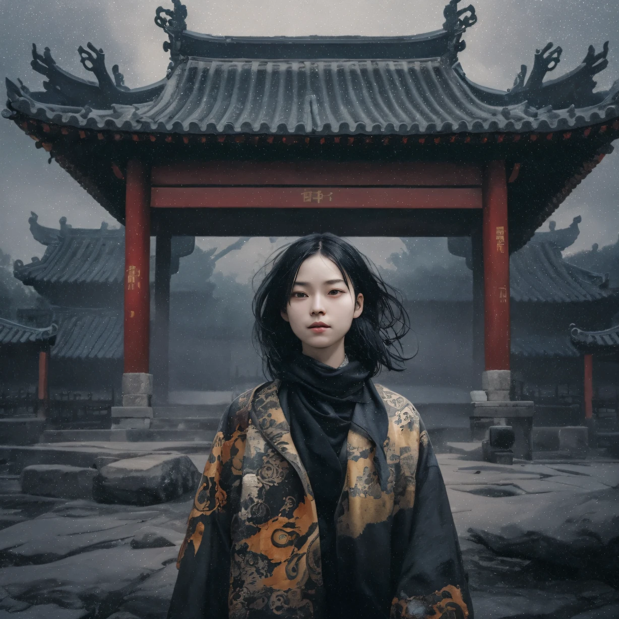 Side 32K，exteriors，Roof，People are small（tmasterpiece，k hd，hyper HD，32K）Long flowing glossy black hair，Tang dynasty complex，zydink， a color，mid afternoon（canyons）， （Linen batik scarf）， Combat posture， looking at the ground， Linen bandana， Chinese python pattern long-sleeved garment， Morning（Abstract gouache splash：1.2）， Dark clouds lightning background，sprinkling（realisticlying：1.4），Black color hair，The dust is blowing，Background fog， A high resolution， the detail， RAW photogr， Sharp Re， Nikon D850 Film Stock Photo by Jefferies Lee 4 Kodak Portra 400 Camera F1.6 shots, Rich colors, ultra-realistic vivid textures, Dramatic lighting, Unreal Engine Art Station Trend, cinestir 800，Flowing and shiny black hair,（（（National style building）））Full-body side