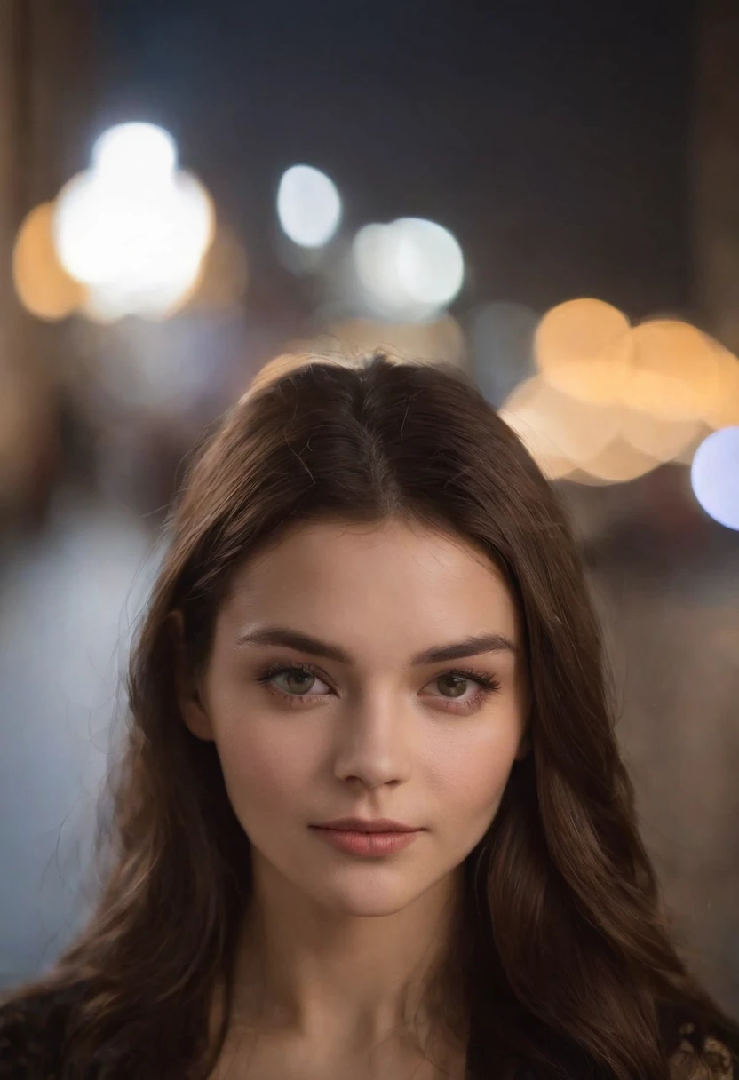 Fille par une nuit pluvieuse，cheveux noir, Lentille avant，Street background （closeup shot：1.6），beste-Qualit，f / 1 photographie HD T bokeh，Depth of field Macro The atmosphere is sad