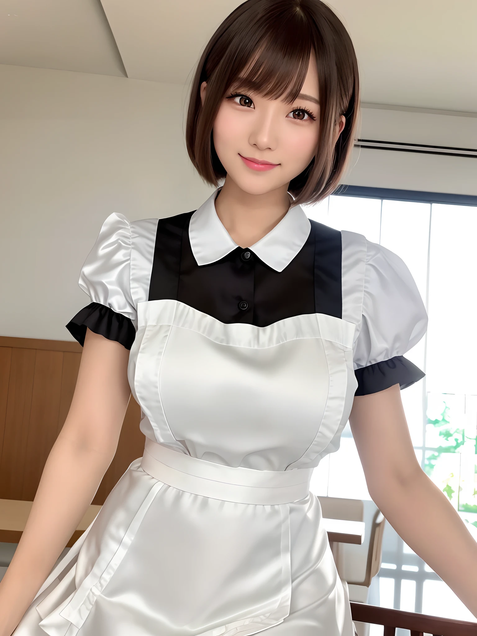 masutepiece, 1 girl per 1 photo, upperbody shot, front-facing view, a Japanese young pretty woman, Wearing a cute maid costume in short sleeve satin silky black、With a big smile in the café, Apron with white ruffles, a black choker, Glamorous figure, hyper cute face, Glossy lips, Sweaty body, Double eyelids in both eyes, Natural makeup, long eyelashes, Shiny smooth light brown hair with short bob hair, asymmetrical bangs, Tanned skin, central image, 16K resolution, high detailing, detailed hairstyle, Detailed face, spectacular movie lighting, Octane Rendering, Vibrant, Hyper realistic, Perfect limbs, Perfect Anatomy, gigantic breasts,