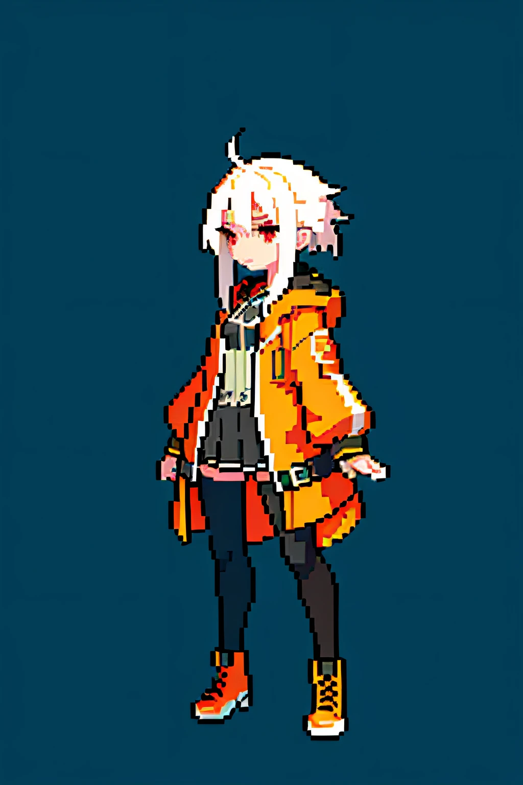 (masterpiece, top quality, best quality, less detail, simple), pixel,pixel art,1girl,full body,idle pose, US style, poor jacket,orange element, game asset, red eyes, white hair,