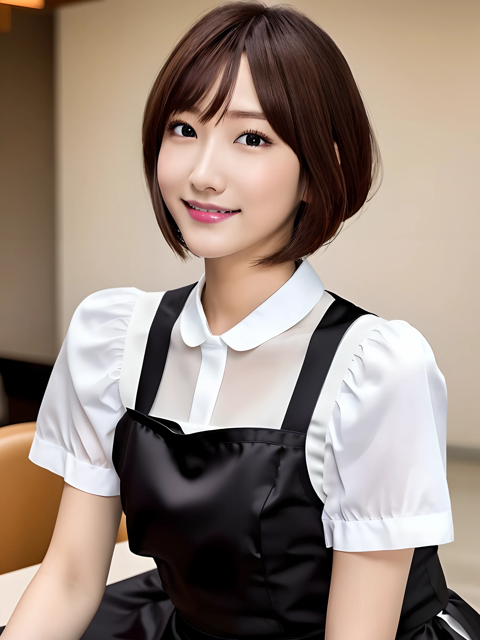 masutepiece, 1 girl per 1 photo, upperbody shot, front-facing view, a Japanese young pretty woman, Wearing a cute maid costume in short sleeve satin silky black、With a big smile in the café, Apron with white ruffles, a black choker, Glamorous figure, hyper cute face, Glossy lips, Sweaty body, Double eyelids in both eyes, Natural makeup, long eyelashes, Shiny smooth light brown hair with short bob hair, asymmetrical bangs, Tanned skin, central image, 16K resolution, high detailing, detailed hairstyle, Detailed face, spectacular movie lighting, Octane Rendering, Vibrant, Hyper realistic, Perfect limbs, Perfect Anatomy,