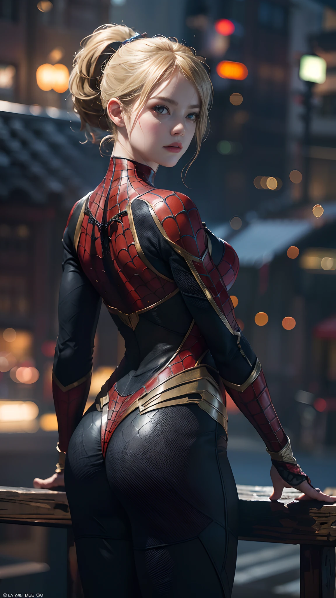 1girl, Emma Stone as spiderman (from marvel studios), look at viewer, (masterpiece, best quality, detailed skin texture, detailed cloth texture, beautiful detailed face, intricate details, ultra detailed),  Ponytail, blonde hair, on the roof, back pose, (random angles), (Best quality, A high resolution, Photorealistic, primitive, 8K,Masterpiece, ),Best quality, Masterpiec8K.hdr. High ribs:1.2, filmgrain, Blur bokeh:1.2, Lens flare, (vivd colour:1.2), (Delicate),