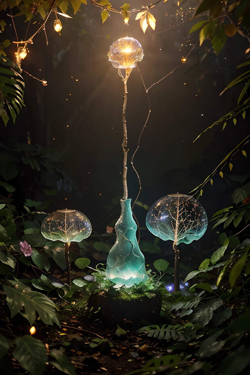 Fantasy in crystals, "ethereal roses, cute slime animals, glowing little mushrooms surrounded by delicate leaves and branches, and fireflies and glowing particle effects", (natural elements), (jungle theme), (leaves), (branches), (fireflies), butterflies, (delicate leaves), (glow), (particle effects), super realistic, super detailed, dramatic lightning, 4k, masterpiece,