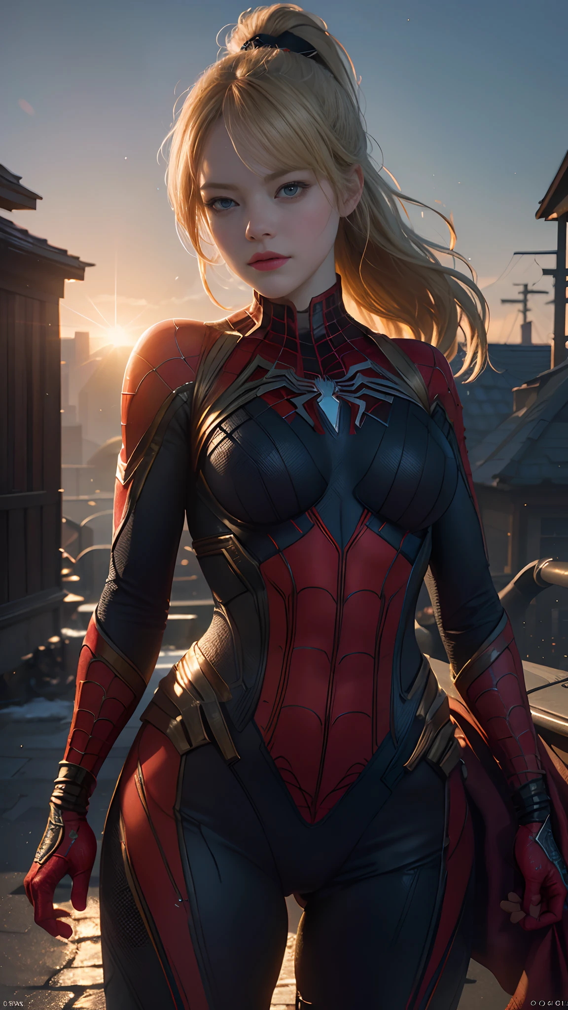 1girl, Emma Stone as spiderman (from marvel studios),  look at viewer, (masterpiece, best quality, detailed skin texture, detailed cloth texture, beautiful detailed face, intricate details, ultra detailed),  Ponytail, blonde hair, (Random pose), (Random angles), on the roof, (Best quality, A high resolution, Photorealistic, primitive, 8K,Masterpiece, ),Best quality, Masterpiec8K.hdr. High ribs:1.2, filmgrain, Blur bokeh:1.2, Lens flare, (vivd colour:1.2), (Delicate),