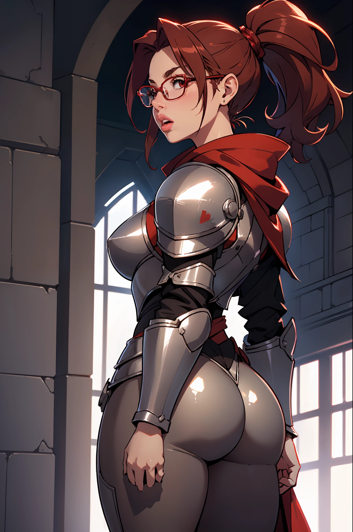 Solo, female, standing, looking back at viewer, open mouth, ((thick lips, big lips)), ponytail, glasses, steel armor, steel chespiece, knight, small red cloak