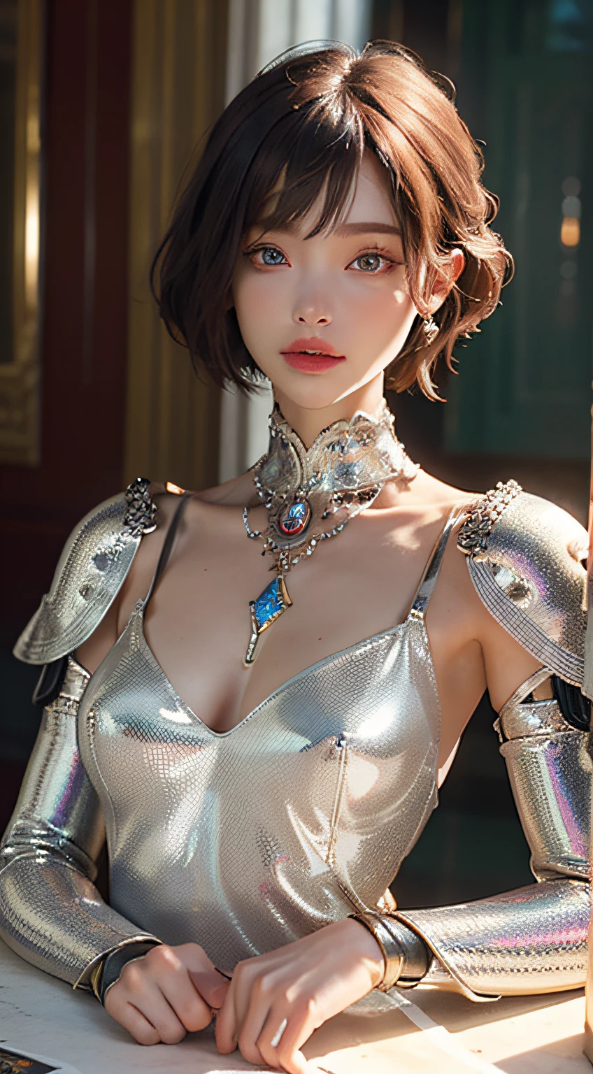 masterpiece, high quality, 3d, 8k cg, intricate details, detailed background, sacred. ornaments, byDylanKowalski, ((1girl)), upper body, muscular, skindentation, looking to the side, short hair, prosthesis, mechanical arms, synthetic skin, porcelain, pearl, holographic, titanium, diamond, ruby, sapphire, gemstones, clockwork, grunge, worn edges, armor,