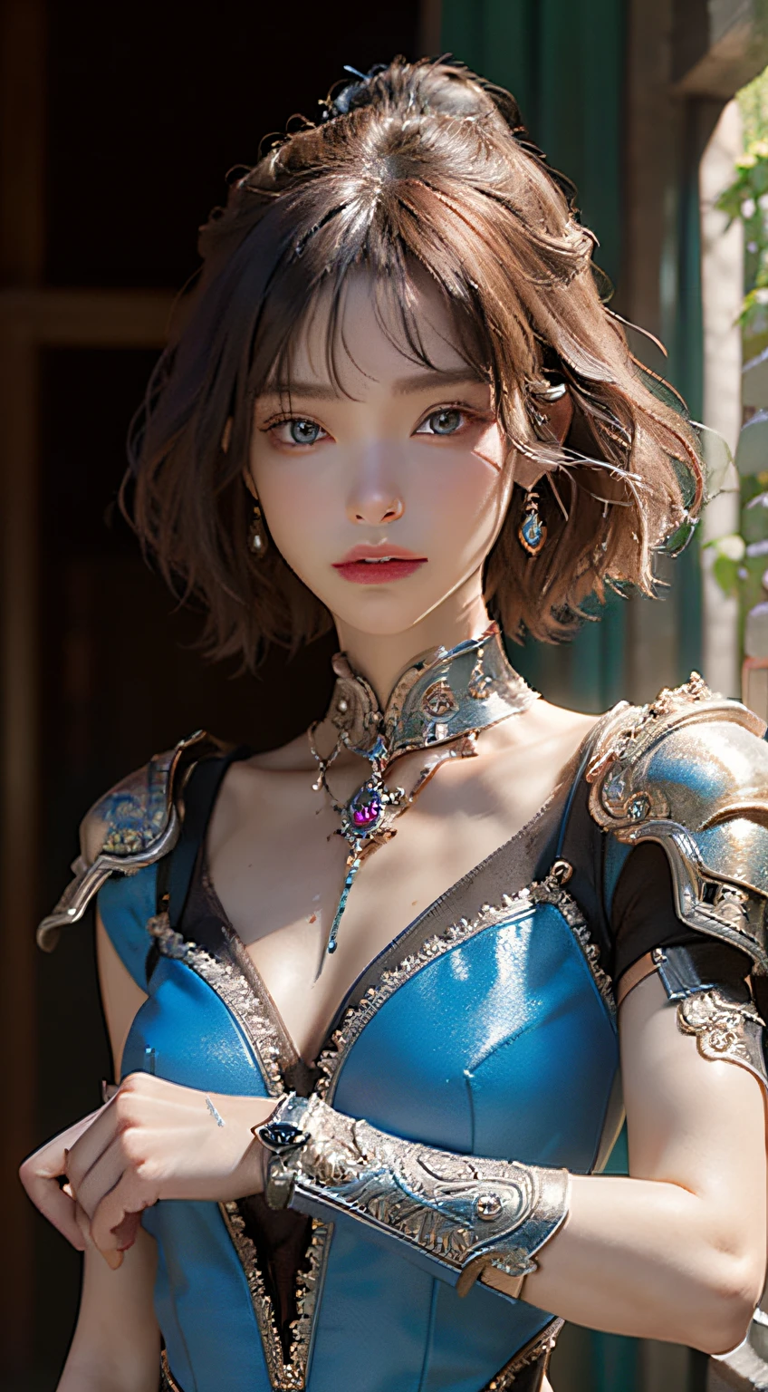masterpiece, high quality, 3d, 8k cg, intricate details, detailed background, sacred. ornaments, byDylanKowalski, ((1girl)), upper body, muscular, skindentation, looking to the side, short hair, prosthesis, mechanical arms, synthetic skin, porcelain, pearl, holographic, titanium, diamond, ruby, sapphire, gemstones, clockwork, grunge, worn edges, armor,