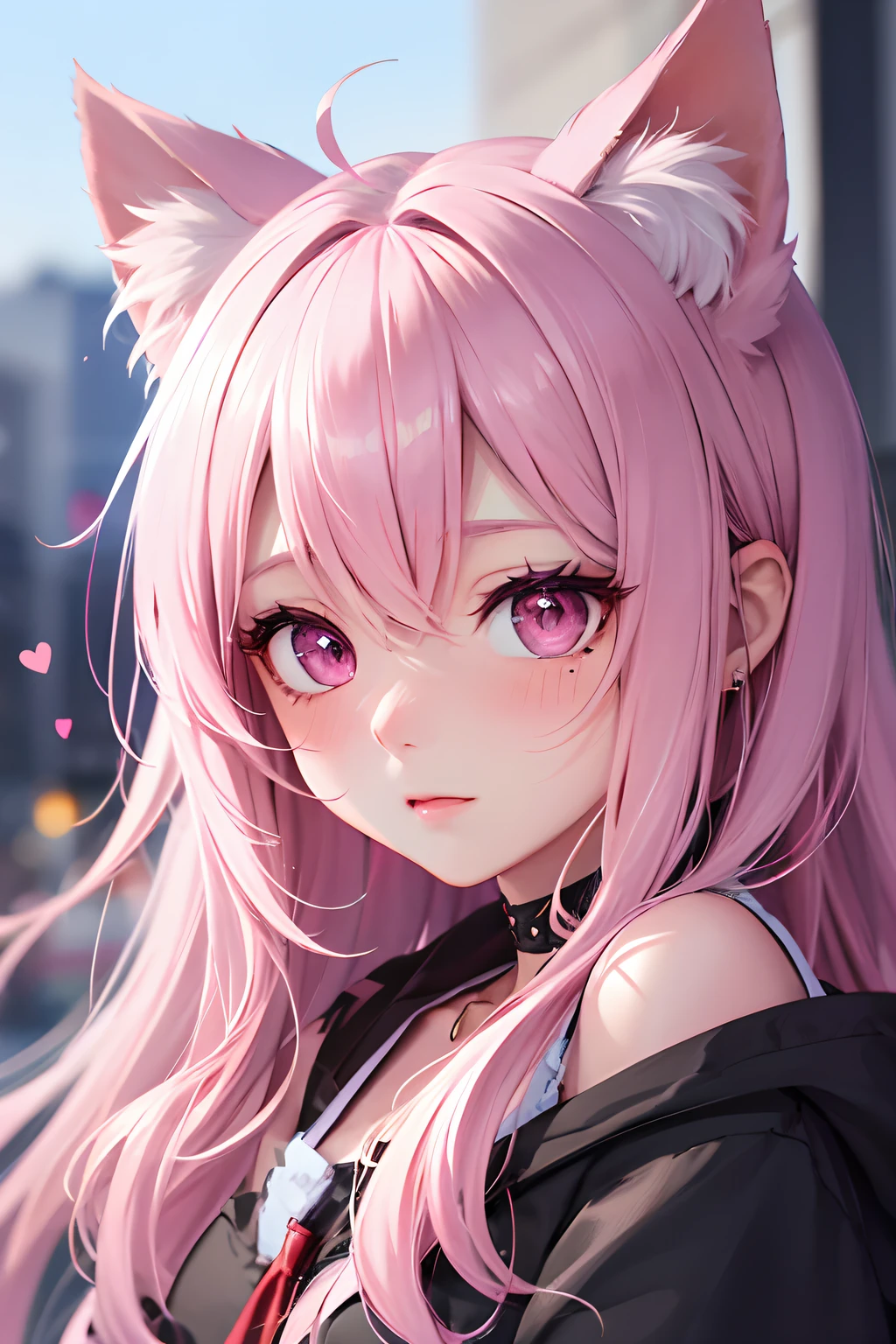 striated hair,Pink twin-tailed hair, Mole under the eyes, mole under mouth, Heart-shaped pupil, longeyelashes, Pink eyes, Heart-shaped choker、full body Esbian、gazing at viewer、Shy, blush, tusk, ear blush, nose blush,Anime style, Color Field Painting, Ray tracing, bloom, One-person viewpoint, nffsw, awardwinning, 16 K, Best Quality, high details, High quality, masutepiece, hight resolution, ccurate, Super Detail、Cat without ears