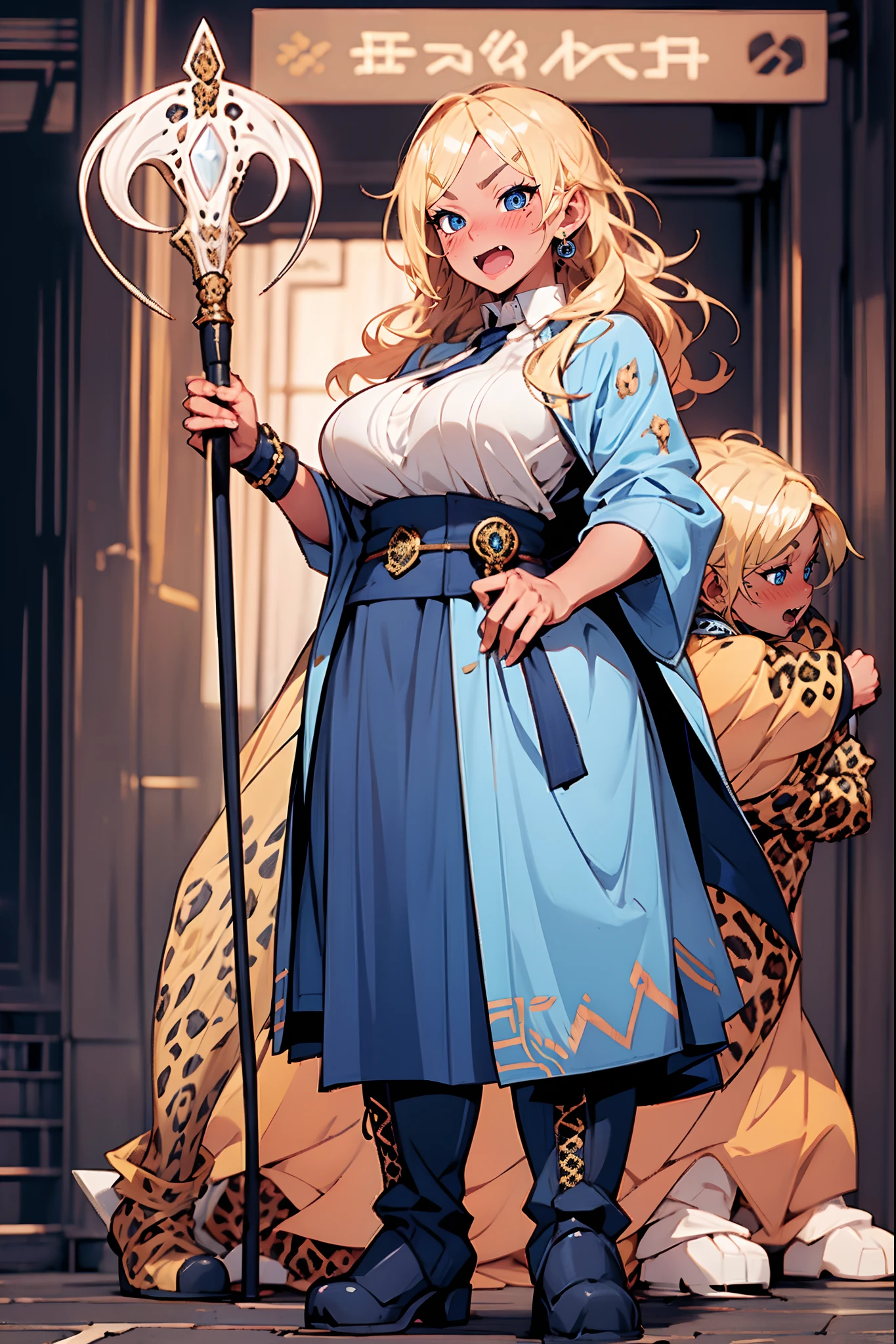 blond hair, blue eyes, gyaru,blush,fang,big breast, wizard cloths, shocked, leopard skin cloths, standing, full body, boots, midget, wizard tunic, staff holding, large skirt