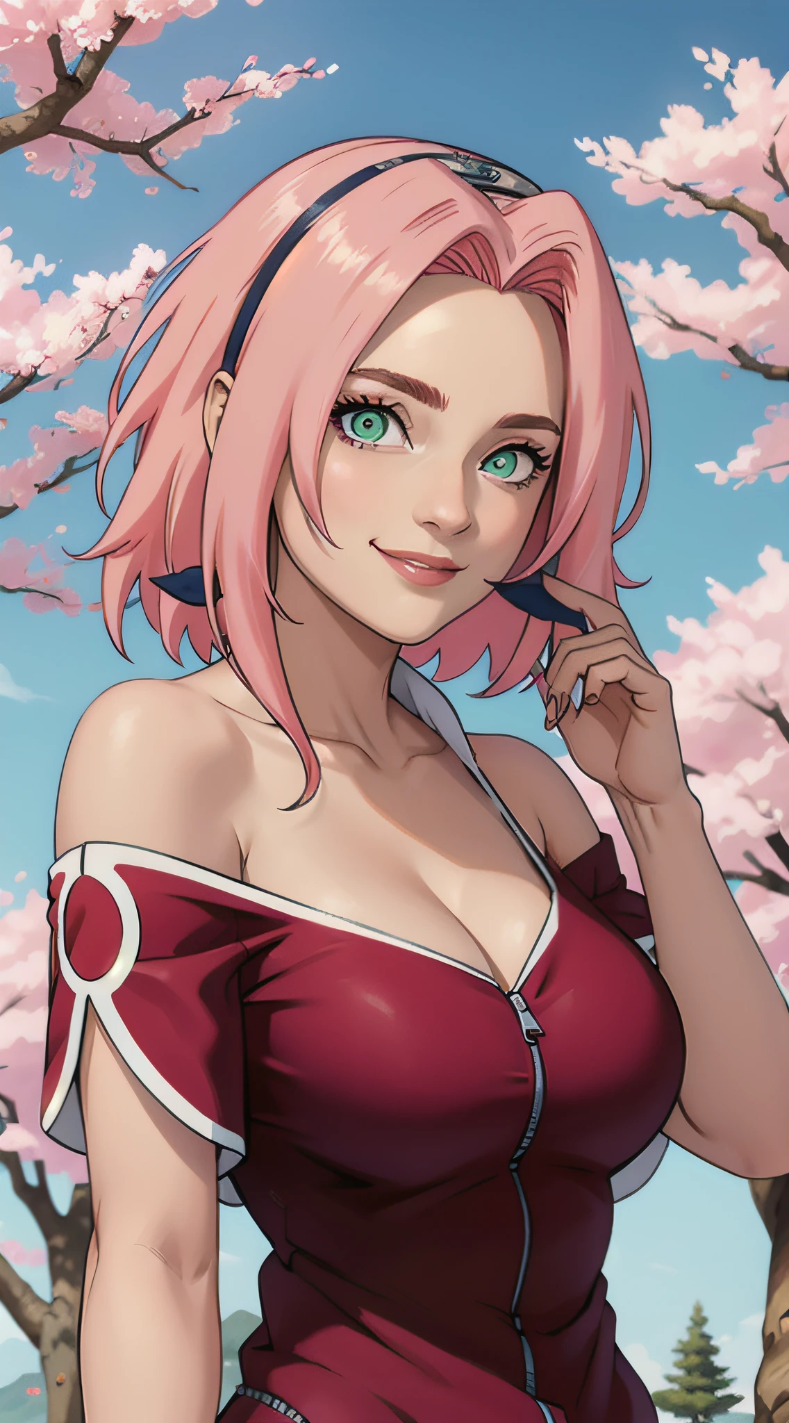 tmasterpiece， Best quality at best， 1girll， Sakura Haruno， Large breasts，Off-the-shoulder attire，（cleavage)，（upperbody closeup)，Raised sexy，is shy，ssmile，with pink hair， long whitr hair， （Green eyeballs:1.4)， Forehead protection， the cherry trees，Cherry blossoms flying，Red clothes，Zipper half