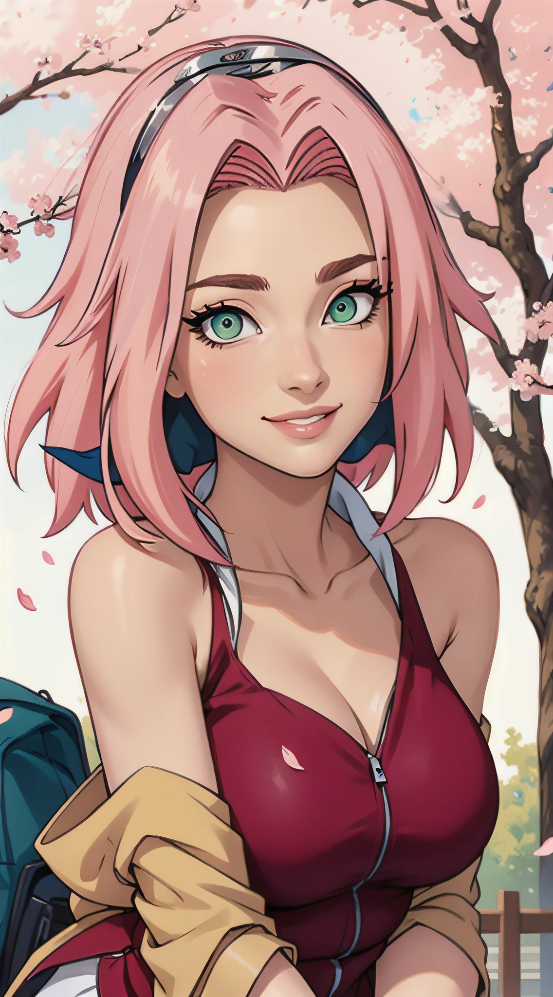 tmasterpiece， Best quality at best， 1girll， Sakura Haruno， Large breasts，Off-the-shoulder attire，（cleavage)，（upperbody closeup)，Raised sexy，is shy，ssmile，with pink hair， long whitr hair， （Green eyeballs:1.4)， Forehead protection， the cherry trees，Cherry blossoms flying，Red clothes，Zipper half