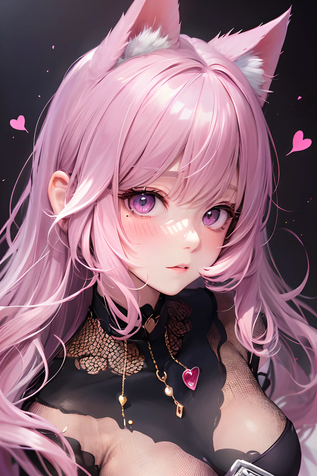 striated hair,Pink twin-tailed hair, Mole under the eyes, mole under mouth, Heart-shaped pupil, longeyelashes, Pink eyes, Heart-shaped choker、full body Esbian、gazing at viewer、Shy, blush, tusk, ear blush, nose blush,Anime style, Color Field Painting, Ray tracing, bloom, One-person viewpoint, nffsw, awardwinning, 16 K, Best Quality, high details, High quality, masutepiece, hight resolution, ccurate, Super Detail、Cat without ears