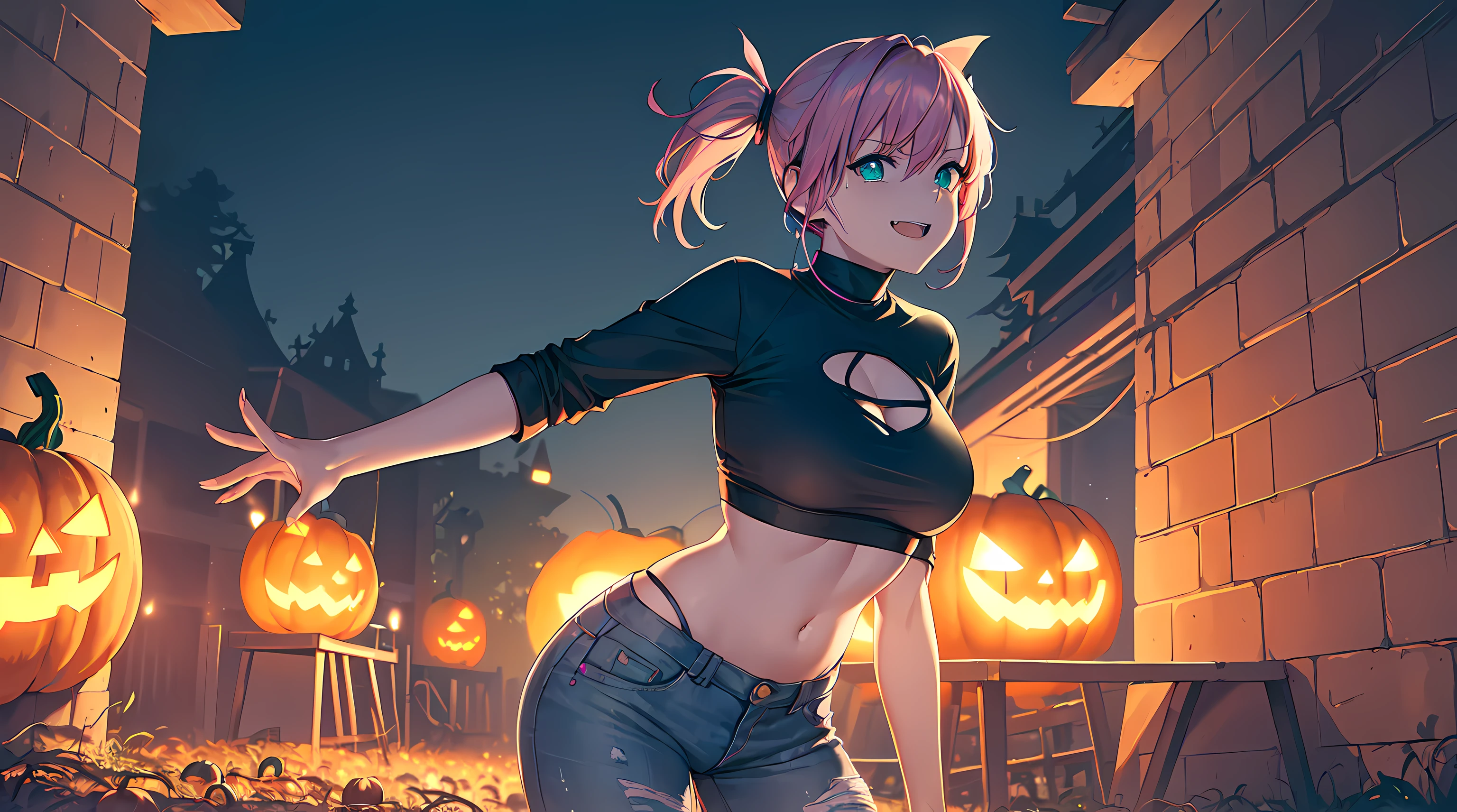 masterpiece, 1girl ((20year old, crop top exposes navel, tight blue jeans, sneakers, medium breasts, multicolor pink hair, twin ponytails, perfect model body, green eyes, flirting, happy, big smile, headphones, standing in a scary haunted pumpkin patch at night, neon lights and eerie pumpkins, Halloween, scary and spooky atmosphere)) ((nighttime)) ((solo)) ((high camera angle))