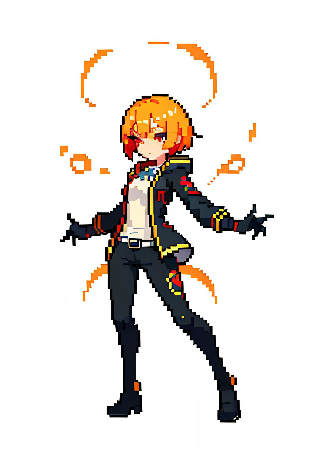 (masterpiece, top quality, best quality, less detail), pixel,pixel art,1girl,full body,attack pose, US style, poor jacket,orange element, game asset, red eyes, silver hair,