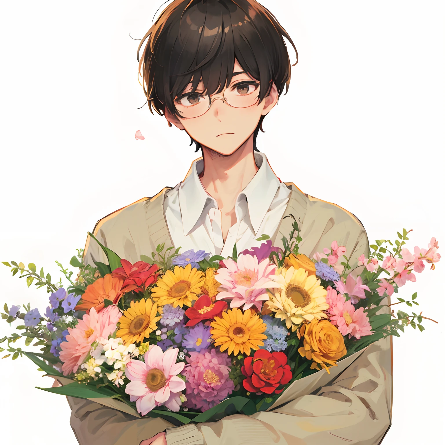 Japanese anime, beautiful young man, dark hair, bowl cut, round glasses, holding a very large bouquet of flowers, colorful bouquet, embarrassed expression, yellow sweater,