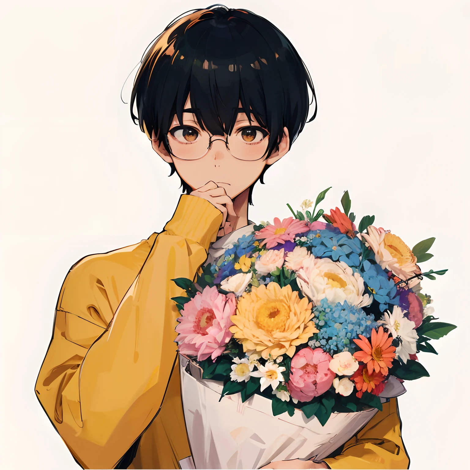 Japanese anime, beautiful young man, dark hair, bowl cut, round glasses, holding a very large bouquet of flowers, colorful bouquet, embarrassed expression, yellow sweater,