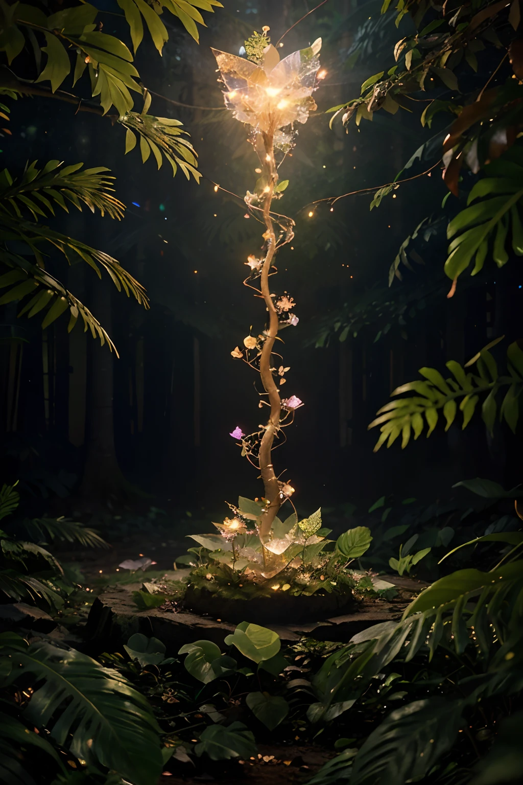 Fantasy in crystals, "ethereal roses, cute slime animals, glowing little mushrooms surrounded by delicate leaves and branches, and fireflies and glowing particle effects", (natural elements), (jungle theme), (leaves), (branches), (fireflies), butterflies, (delicate leaves), (glow), (particle effects), super realistic, super detailed, dramatic lightning, 4k, masterpiece,