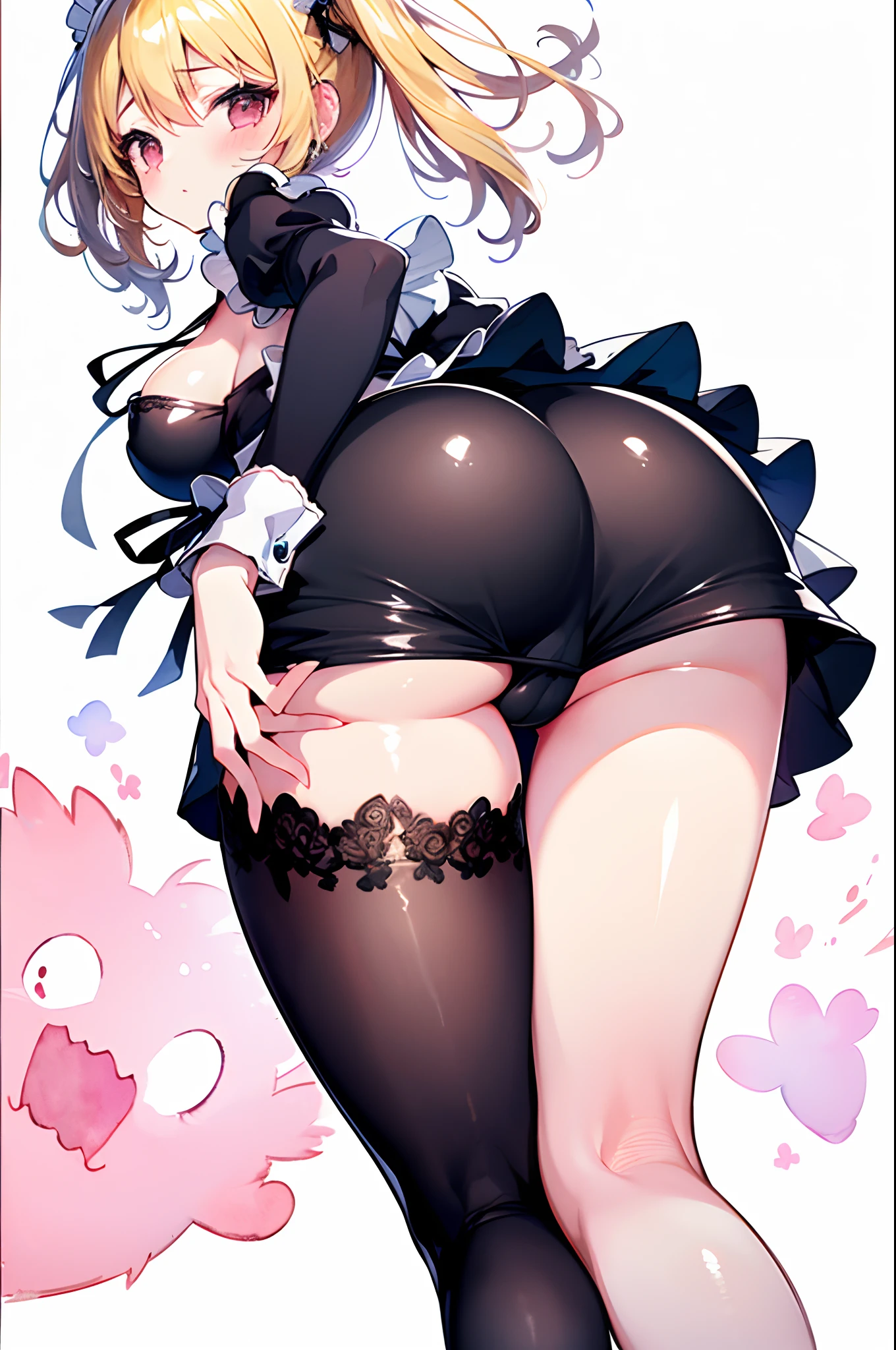 ((1girll))，(Lori huge breasts cleavage)，for 6 ，Blonde hair，short detailed hair，Maid dress-up，(Exquisite and cute maid outfit)，Miniskirt，Show one's butt，((Big ass，Big ass))，Cute little giute buttocks，(black lence stockings)，(Big breasts)，astonishment，Be red in the face，Blushlush，((Covered in sweat))，((Behind the perspective))，(watercolor paiting)，((White background))，(floating)，dynamicposes，Super detail, High quality, Best quality, 16k, A high resolution