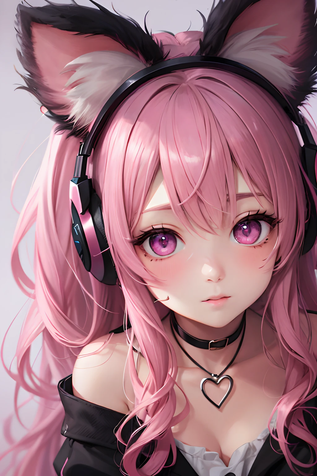 striated hair,Pink twin-tailed hair, Mole under the eyes, mole under mouth, Heart-shaped pupil, longeyelashes, Pink eyes, Heart-shaped choker、headphones、full body Esbian、gazing at viewer、Shy, blush, nose blush,Anime style, Color Field Painting, Ray tracing, bloom, One-person viewpoint, nffsw, awardwinning, 16 K, Best Quality, high details, High quality, masutepiece, hight resolution, ccurate, Super Detail、chee