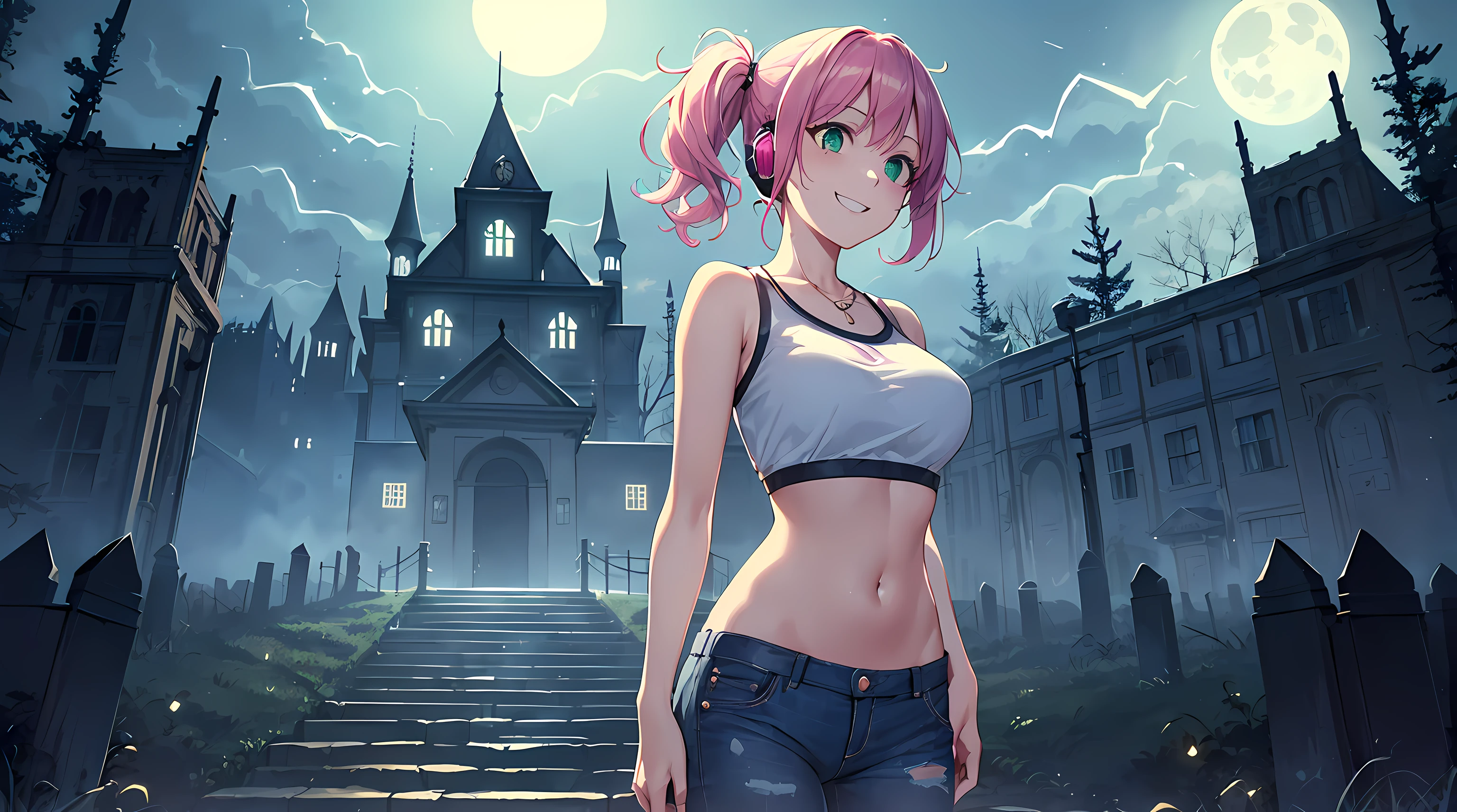 masterpiece, 1girl ((20year old, crop top exposes navel, tight blue jeans, sneakers, medium breasts, multicolor pink hair, twin ponytails, perfect model body)) ((green eyes)), ((flirting, happy, big smile, looking up, headphones, standing in a graveyard with scary haunted Victorian style mansion in the background at night, moonlight, scary, spooky atmosphere)) ((nighttime)) ((solo))
