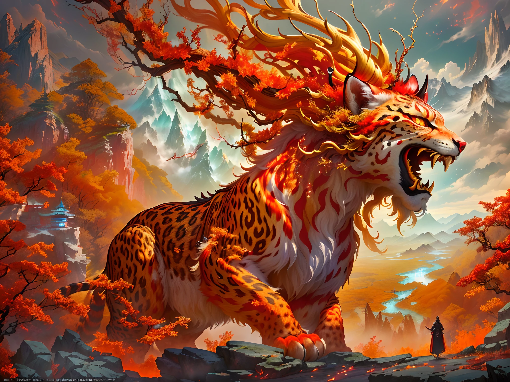 (Best quality,tmasterpiece, iintricate,hyper-detailing,extremely detailed CG unity wallpaper) ,A kind of monster in the mythology of the ancient Chinese book of the Classic of Mountains and Seas,Great Wilderness East Meridian,A mythical beast in Chinese mythology,(Shaped like a red snow leopard,Small and powerful。It has a majestic body and sharp claws,The whole body is covered with fur red as blood),(((The forehead has a sharp horn))),(((It has five tails behind it))),And both eyes radiate lightning,Surrounded by lightning,White clouds surround,Dreamland Wonderland、Genting Heavenly Palace,The peaks are steep,Strange rocks,fanciful,ogre、fang、Riding,Faraway view,(Best quality,tmasterpiece, iintricate,hyper-detailing,RAW photo,8K,hyper HD,超高分辨率,extremely detailed CG unity wallpaper,Chinese colors,The color is bright,brightly,Traditional Chinese elements,((Ancient murals)),legendary,Dappled light,Hazy haze,mystical aura,tmasterpiece,k hd,Rich in color,Detailed details,Colorful colors)