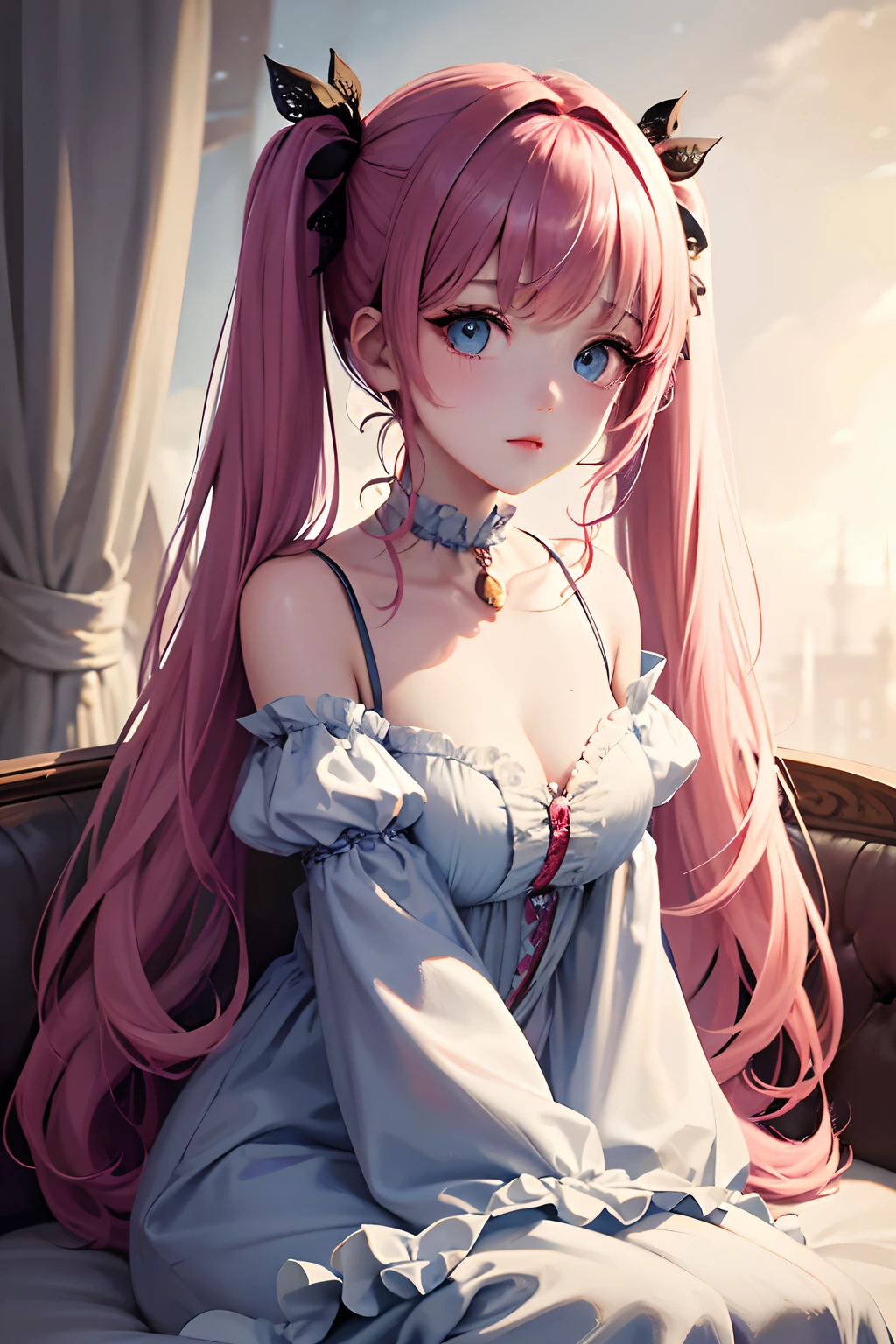 1girl in、looking at the viewers、
The upper part of the body、Beautiful blue eyes、Twin tails pink hair color、Moles under the eyes、Plump and glossy lips、Heart-shaped choker、。.。.。.。.。.。.。.。.。.3D、realisitic、
large full breasts、excessively frilled princess dress、draped clothes、jewely、ornament detached、florals、Lace trim、
​masterpiece、top-quality、8K、detailed skin textures、Detailed Cloth Texture、beautifull detailed face、intricate-detail、ultra-detailliert、
Rim lighting、Side lighting、ciinematic light、超A high resolution、8K UHD、film grains、Best Shadow、delicated、gazing at viewer、front facing