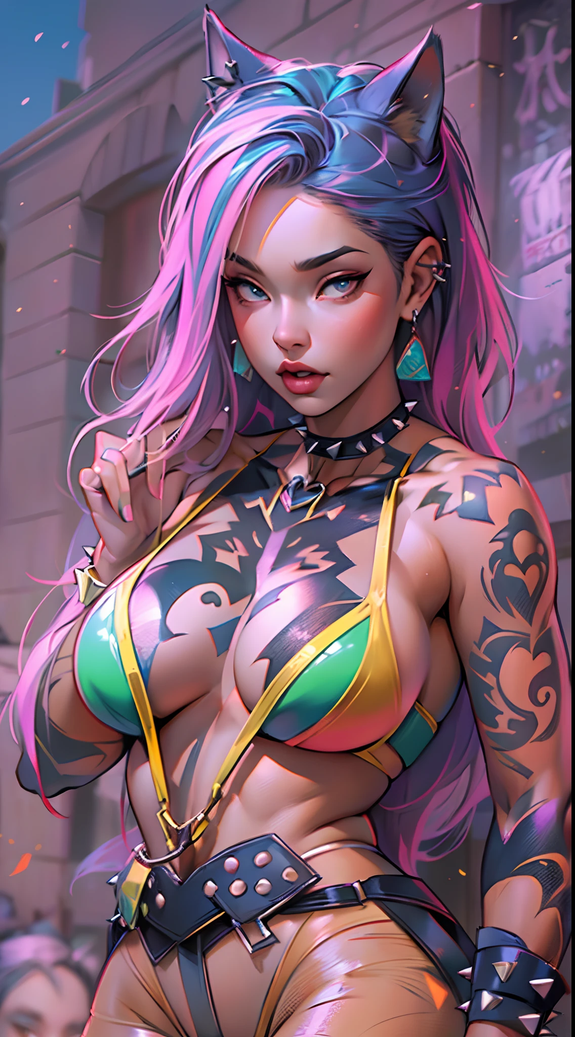 Loving, Love, (beautiful and clear background:1.2), high detailed eyes , underwear, lace, latex, Pink, Purple, mint, Blue, Yellow, lavender hair, body piercings, Loving, Love, ultra detail hair, Masterpiece, Best Quality, hiquality, hight resolution, detail enhancement, ((most beautiful image in the world)), Masterpiece, Best Quality, hiquality, hight resolution, detail enhancement, ((most beautiful image ), art by stjepan sejic, art by j scott campbell, Artist Guillem March, art by citemer liu, 4k, hight resolution,high quality detailed, style of ::2.0 comix illustration style,hiquality, hight resolution, detail enhancement, 8K, HD, Best Quality, hiquality, hight resolution, detail enhancement, 8K, HDR, sharp-focus, Ultra Detailed, perfect lighting, Curvy Body, Lush breasts, Curvy hips, rock, rock star, Cool,black leather jacket , style of, spikes, Cat's ears, Cool bracelets, Choker, Short shorts, fishnet pantyhose, Heart Print, Heart,