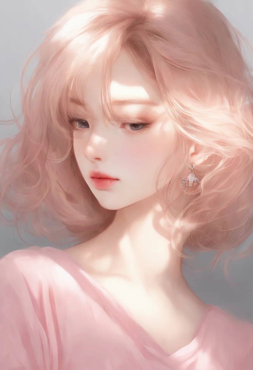 (masutepiece),(Best Quality:1.1),(Ultra-detailed),Best Illustration,finely detail,(Portrait:1.1),(intense close-ups),watercolor paiting)floating,1girl in,Solo,13 years old,slim,(extremely delicate and beautiful face),(Detailed beautiful eyes),pink thick lips,(disheveled hair),(Wearing a pink baggy T-shirt),Soft and lazy,(Simple background:1.2)Whole color background,Clear,4K