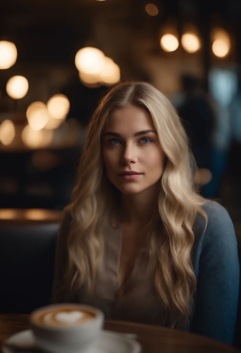 8k, UHD, Highres, masterpiece, award winning, High detailed raw color of girl blonde streaked hair , blue eyes, sitting in a restaurant, drink coffee, people, lights, professional lighting, Sony FE GM, 85mm, f/2.8, Ultra-Wide Angle, perspective